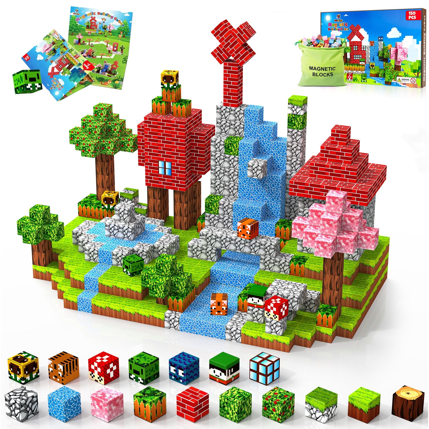 Hltyigr 150PCS Magnetic Blocks, Magnetic Building Blocks, Magnet Blocks Cubes, STEM Educational Stacking Magnet Toy for Kids Ages 3 4 5 6 7 8 9 10 11 12, Birthday Gifts for Boys, Girls - Forest World