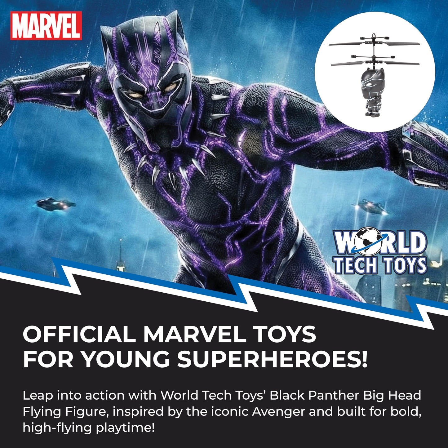 World Tech Toys Marvel Black Panther Big Head Helicopter Toy – Motion Sensored Flying Toy for Kids - Marvel Licensed - Kids 6+