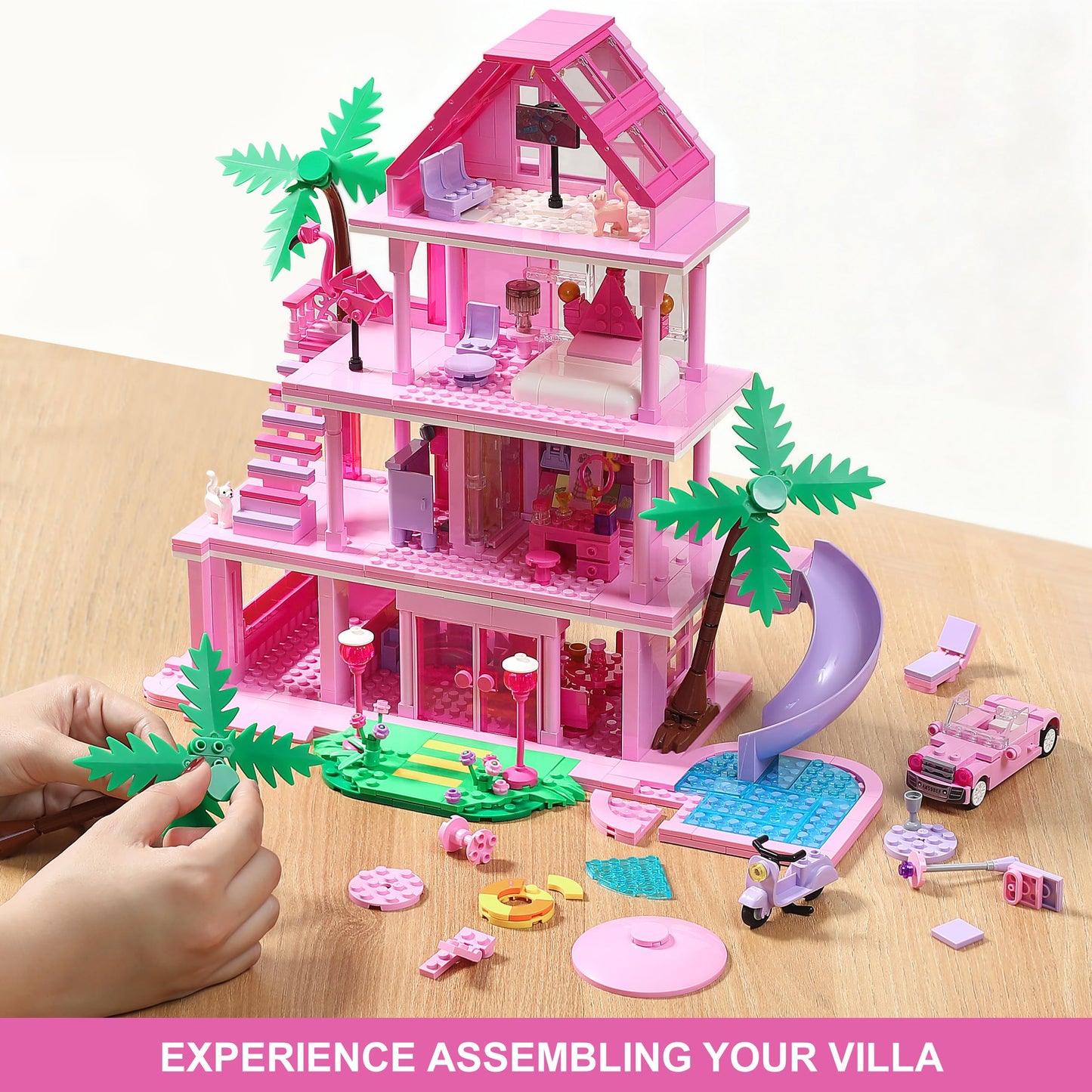 Girls House Building Sets Compatible with Lego Friends for Girls Age 8-12, 4-Story Pink Villa Building Blocks Toys with Pull-Out Floors, 903 Pieces Great Birthday Gift for Girls 8-14