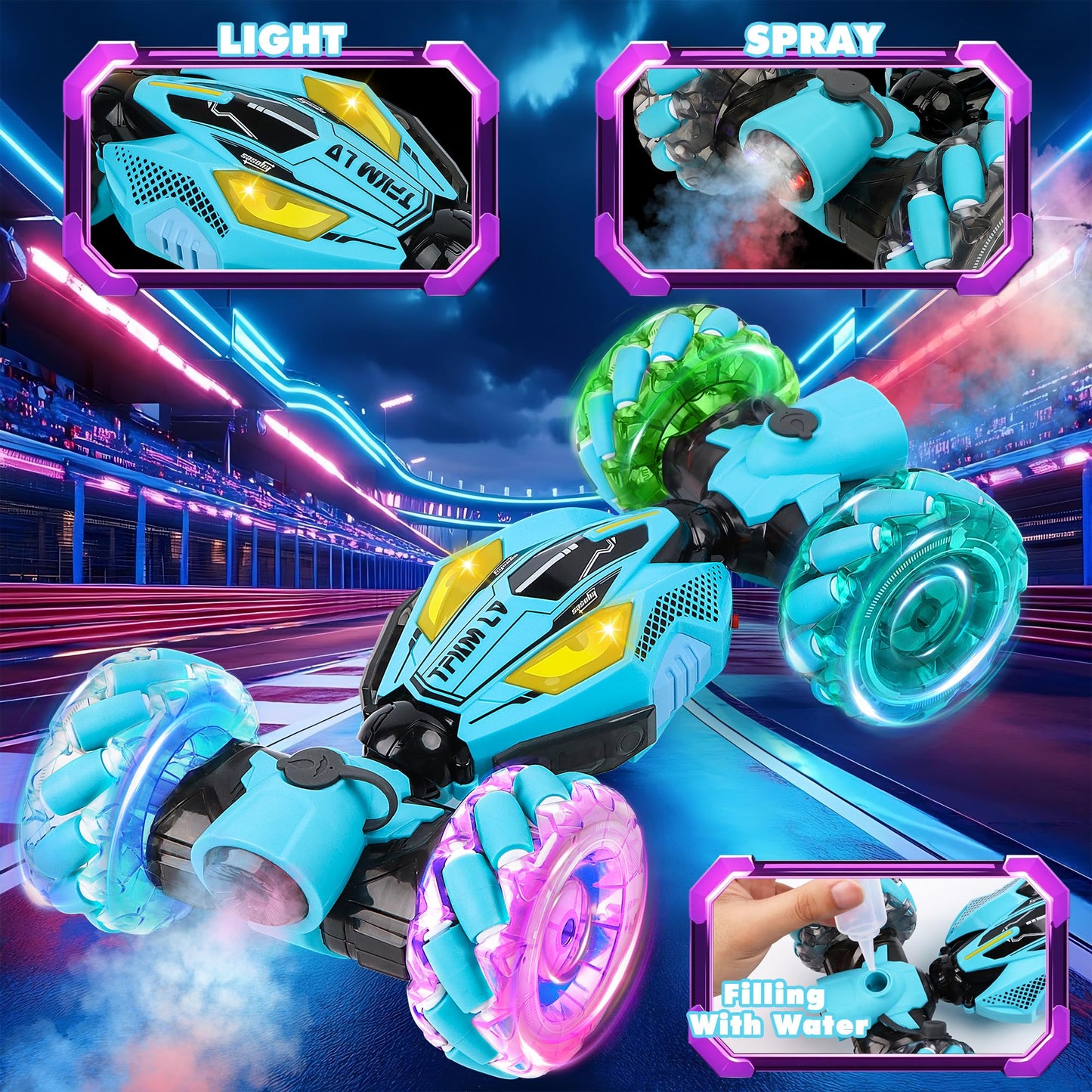 DPAPDI Gesture Sensing RC Stunt Car - Boys Toys Age 6-12 Year Old for Birthday Gifts, 2.4GHz 4WD Remote Control Toy with Dual Spray, All-Terrain Off-Road Vehicle with Lights & Music