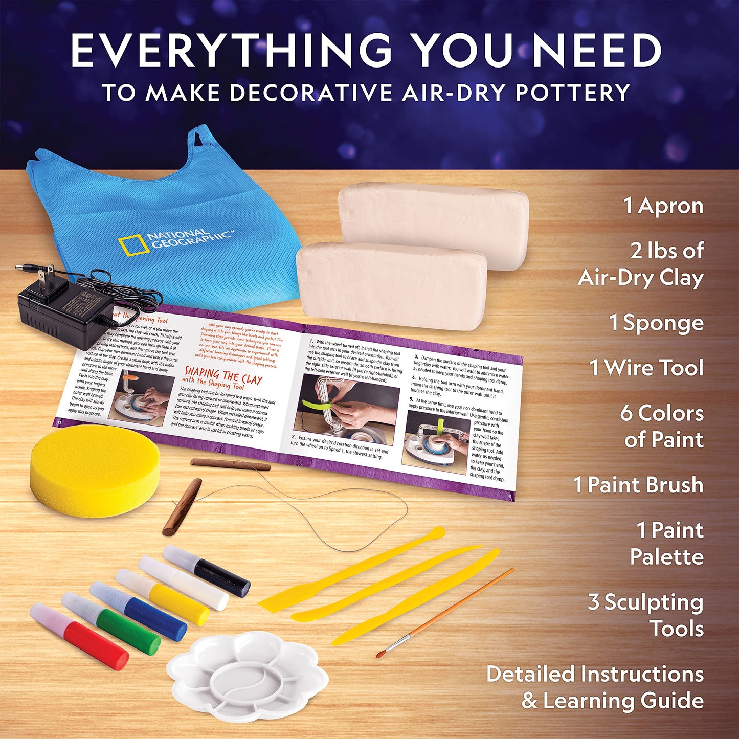 NATIONAL GEOGRAPHIC Deluxe Pottery Wheel Kit – Complete Starter Pottery Set, Plug-In Motor, 3 lbs. Air Dry Clay, Gemstone Chips, Sculpting Tools, Patented Arm Tool, Paints & More, Great Kids Craft Kit