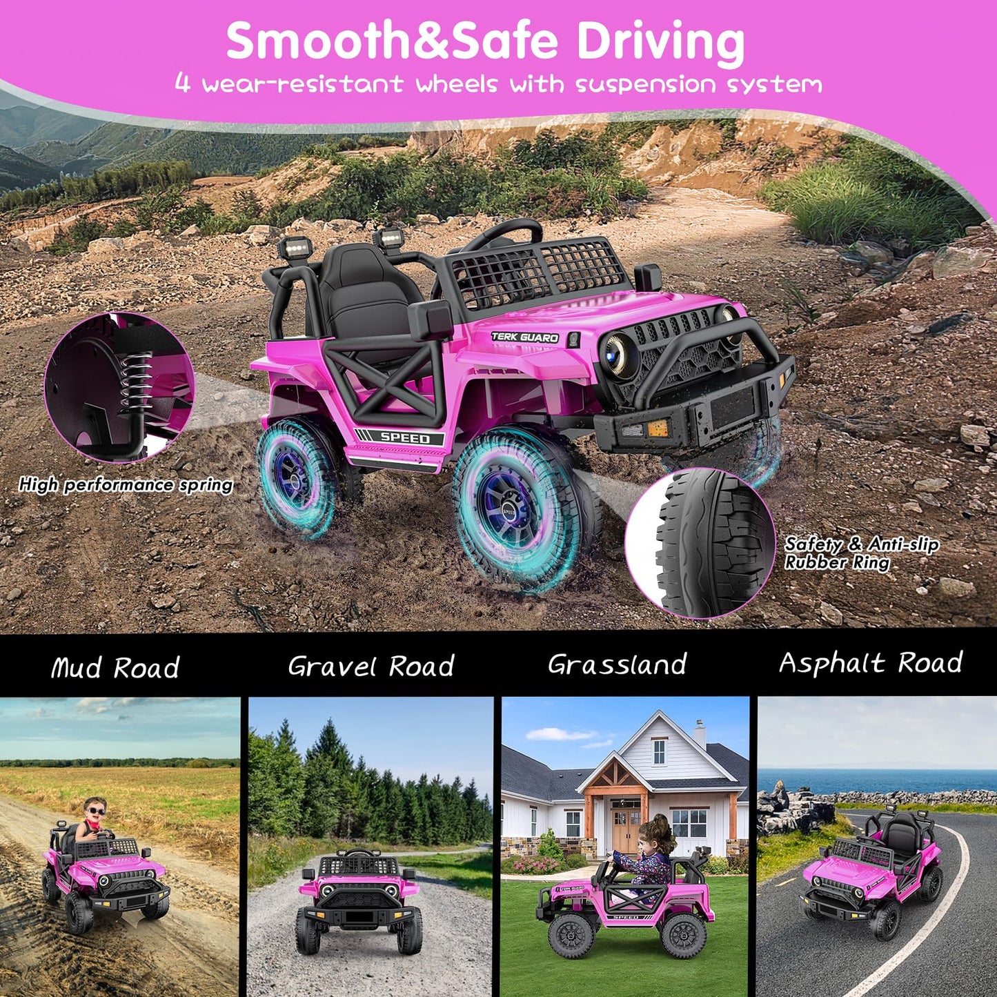 YunTopKids Ride on Car for Toddlers 1-3, 12V 7Ah Kids Electric Car with Parental Remote Control, Soft Start, Spring Suspension, Bluetooth Music, Ride on Toys Electric Vehicle for Boys Girls (Pink)