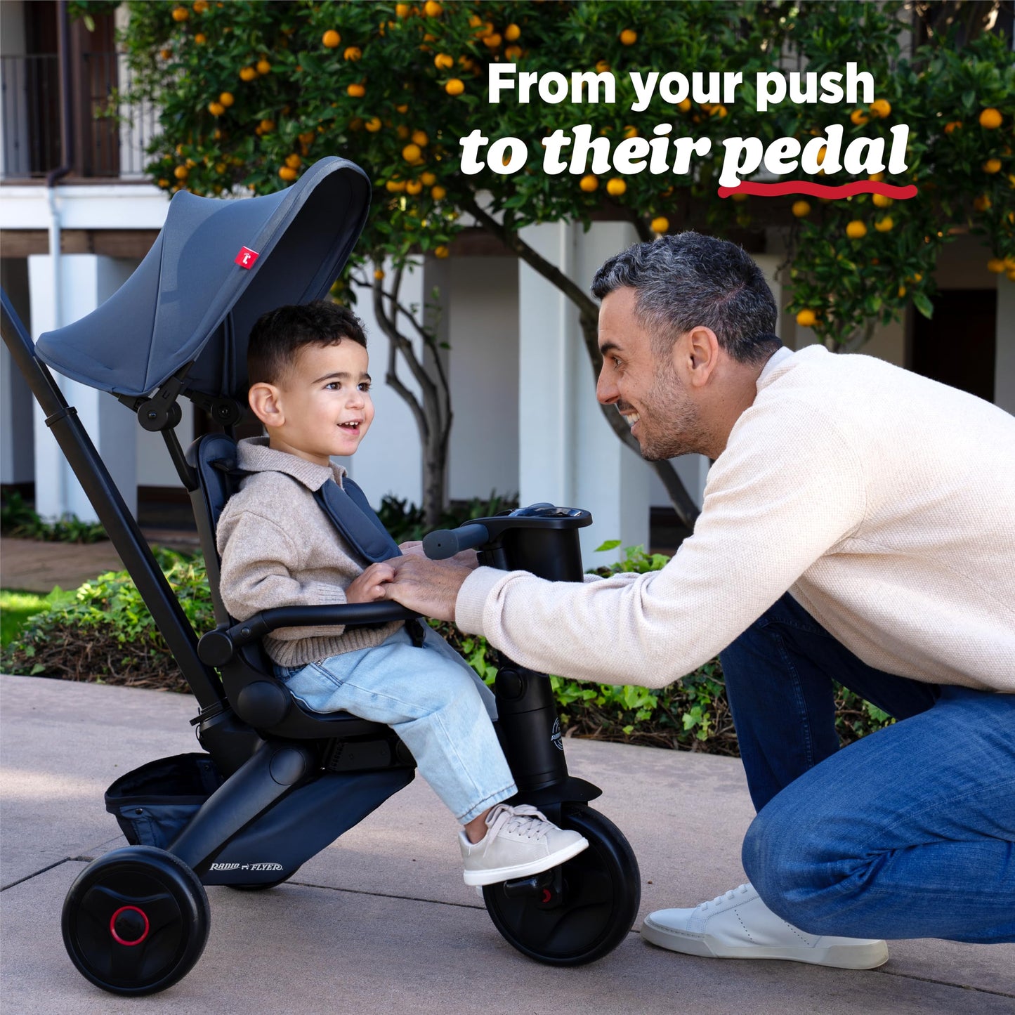Radio Flyer Coast Folding Stroller Trike, for Kids 6 Months-3 Years, Lightweight, Compact, 4 Riding Modes, UV Canopy, 5Point Harness, Safety Bar, Cup Holder, Storage, Stroller Tricycle for Toddlers