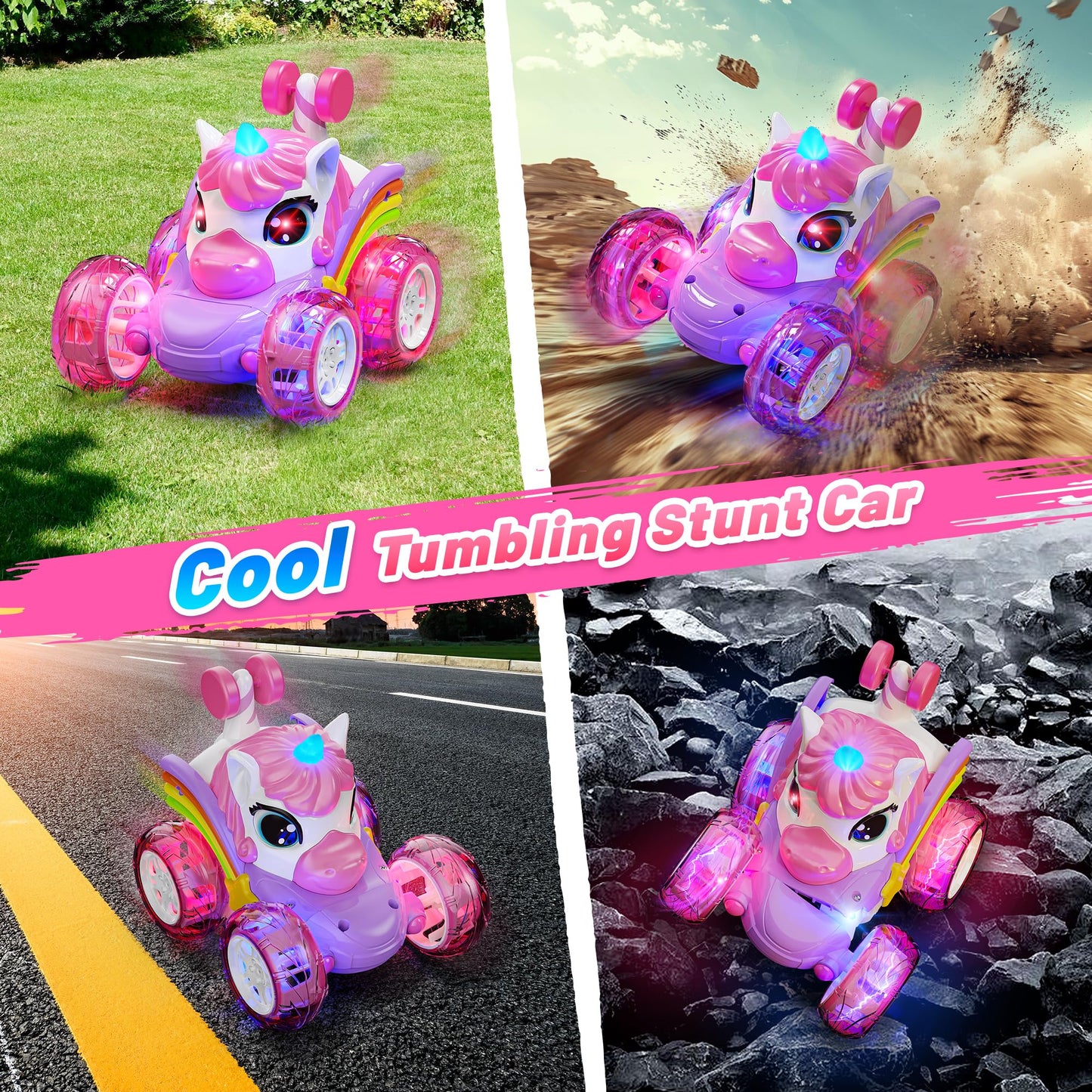 Carsky Unicorn Remote Control Car for Girls,Rechargeable 360°Stunt RC Cars Rotation 4WD Remote Cars with LED Lights,Fun Indoor Outdoor Toys for Kids,Chritmas Birthday Gift for 3 4 5 6 Year Old Girl