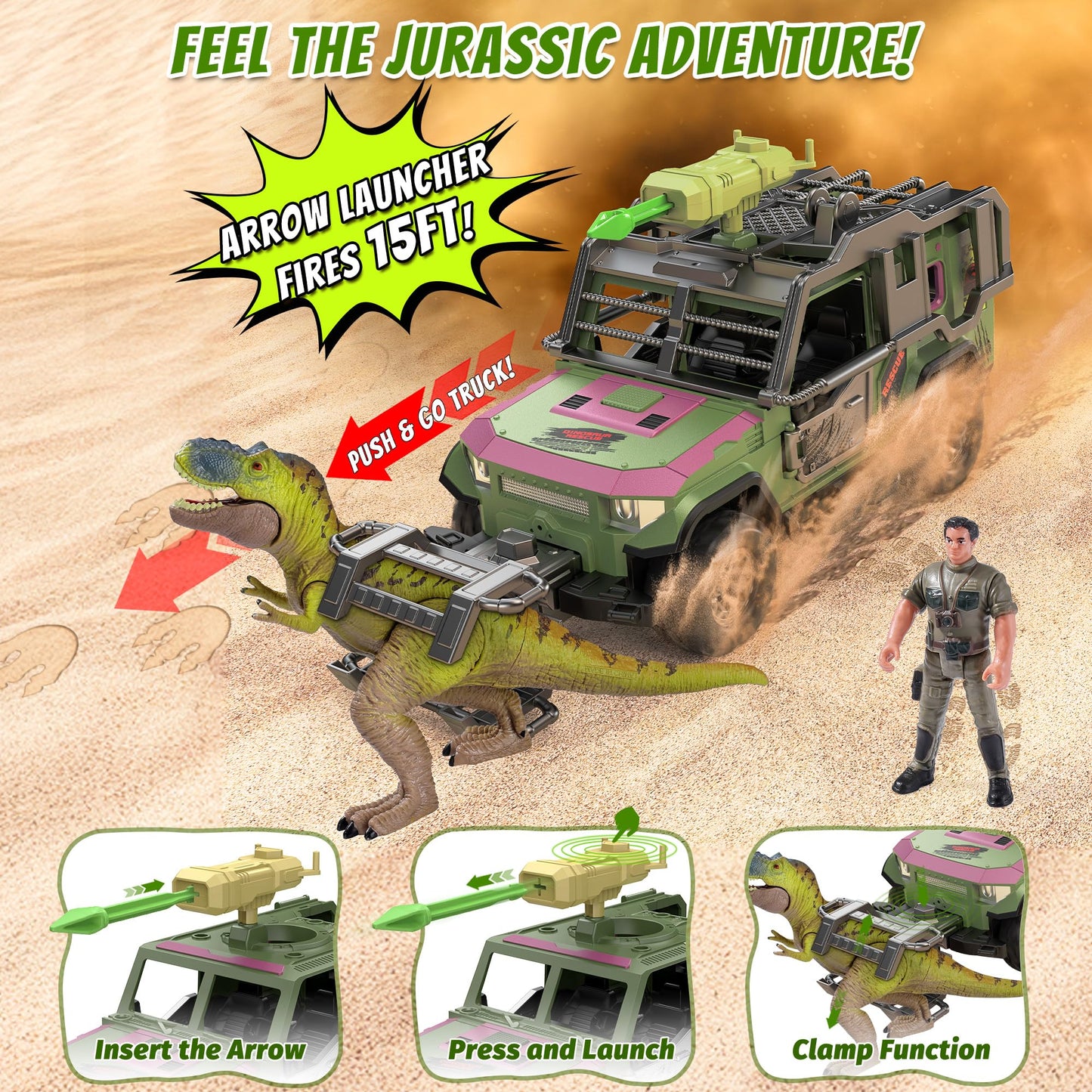 EKU Dinosaur Toys Rescue Truck with Human, 10 Realistic Sounds, 15ft Launch, Clamp, Chomping T-Rex Dinosaur for Jurassic World Role Play Transport Adventure Playset for Kids 3+