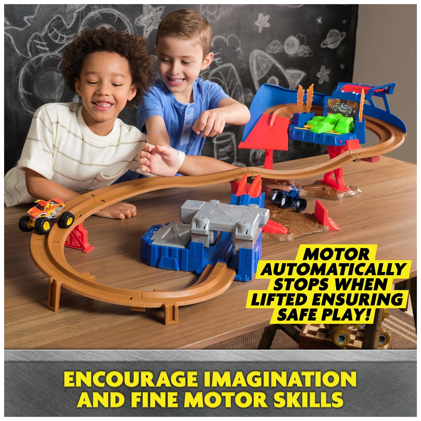 Monster Jam, Supercharge Speedway Playset, Megalodon and El Toro Loco Die-Cast Monster Trucks, Light Up World Finals Track Kids Toys for Boys Ages 3+