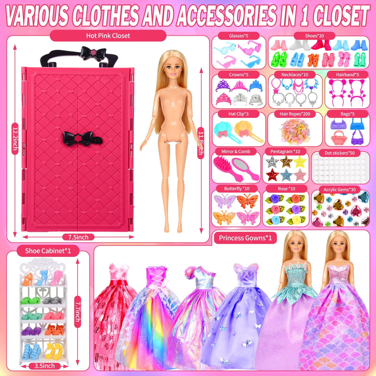 150 Pcs Doll Clothes and Accessories Playset with Dolls for Girls, Princess Gowns, Fashion Dresses, Swimsuits, Tops, Pants, Shoes, Bags Jewelrys in Closet for Doll Dress Up Fit for 11.5" Dolls