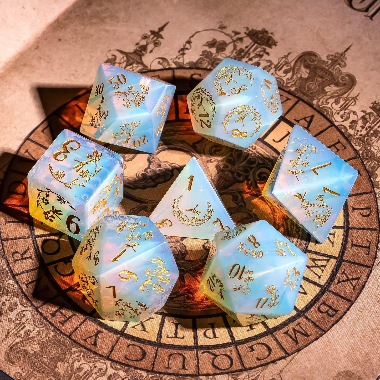 UDIXI Opal Stone DND Dice Set, 7PCS Gemstone Dice Set D&D with Gift Case for Role Playing Games and Tabletop Games (Dragonfly and Flower)