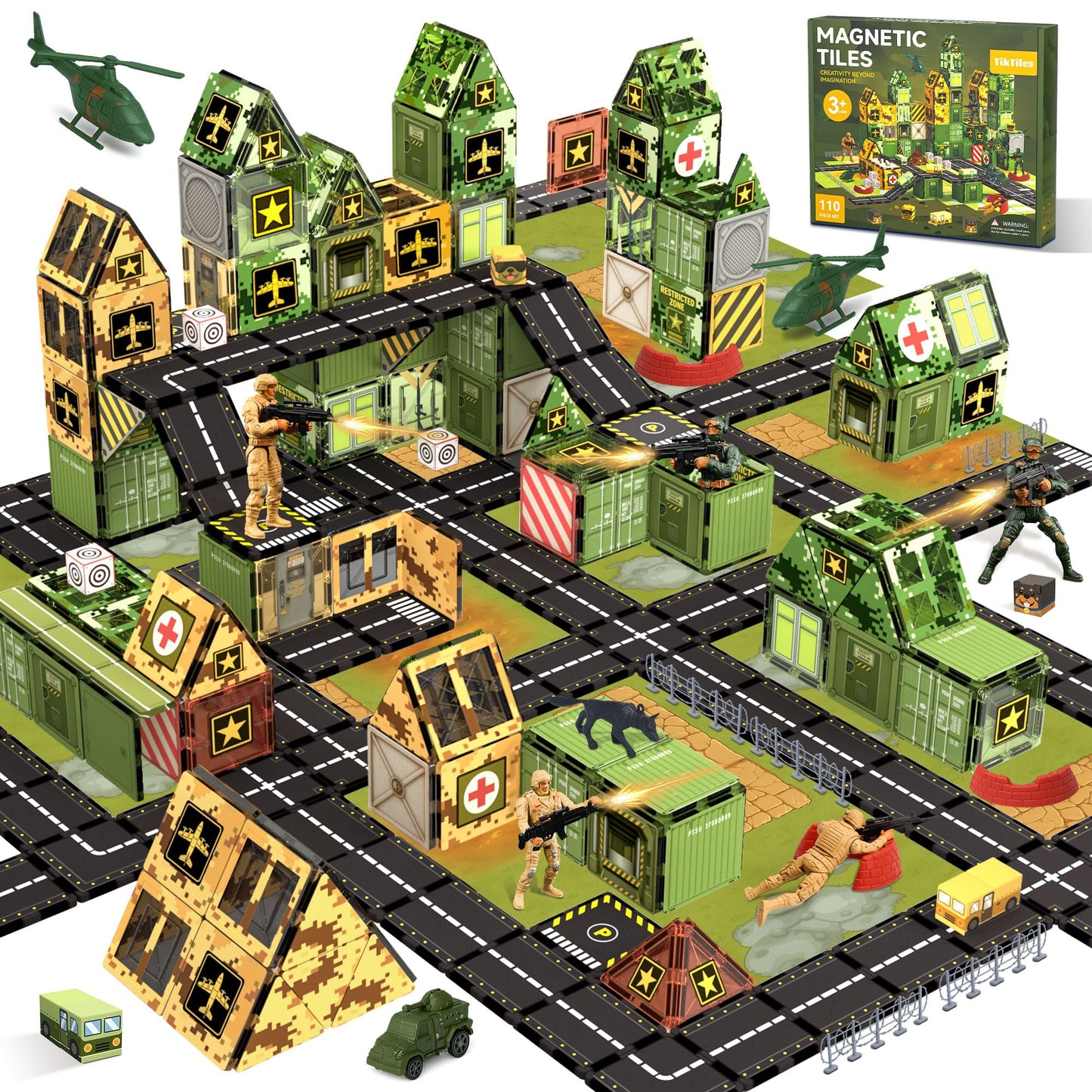 Magnetic Tiles Road Building Toys Set with Magnetic Blocks and Army Toys Accessories, Military Magnetic Blocks for Kids Ages 3-5 4-8, STEM Educational Sensory Magnet Toys Birthday Gifts for Boys Girls