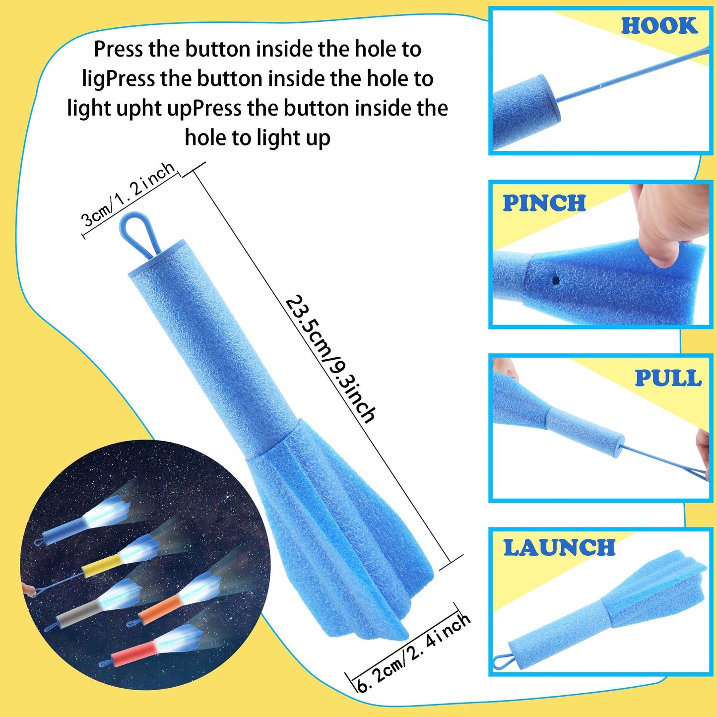 Cagemoga 16 Packs Slingshot Finger Rockets LED Foam Rocket Launchers Light Up Flying Rocket Launcher Toys for Birthday Party Favors Kids Indoor and Outdoor Game Activities