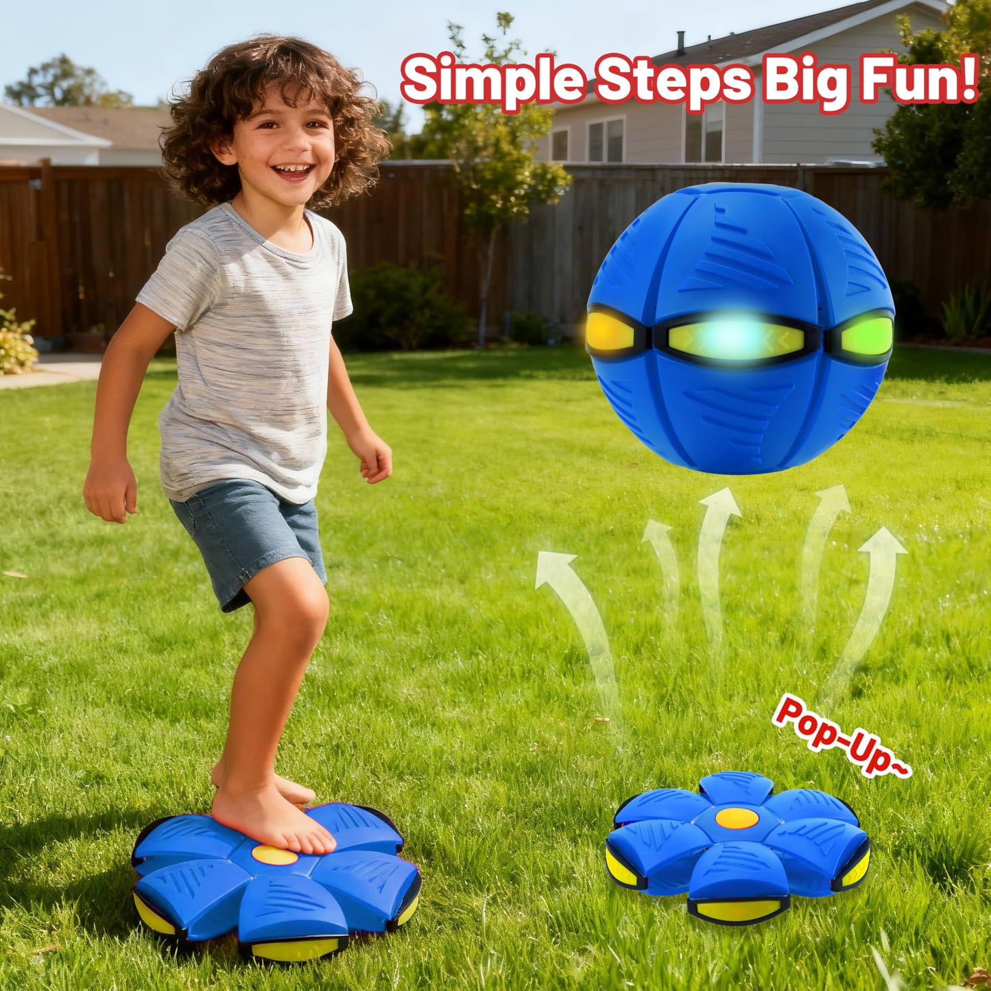 Magic Metaball, Children's Bouncing Ball, 2PCS Magic Flying Saucer Interactive Pop-Up Transform Toy, Parent-Child Interaction Blue and Green Bouncy Ball, Delay Frisbee Flying Disc Toy with 6 Light