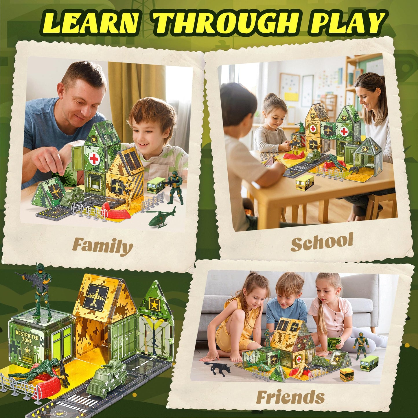 Magnetic Tiles Road Building Toys Set with Magnetic Blocks and Army Toys Accessories, Military Magnetic Blocks for Kids Ages 3-5 4-8, STEM Educational Sensory Magnet Toys Birthday Gifts for Boys Girls