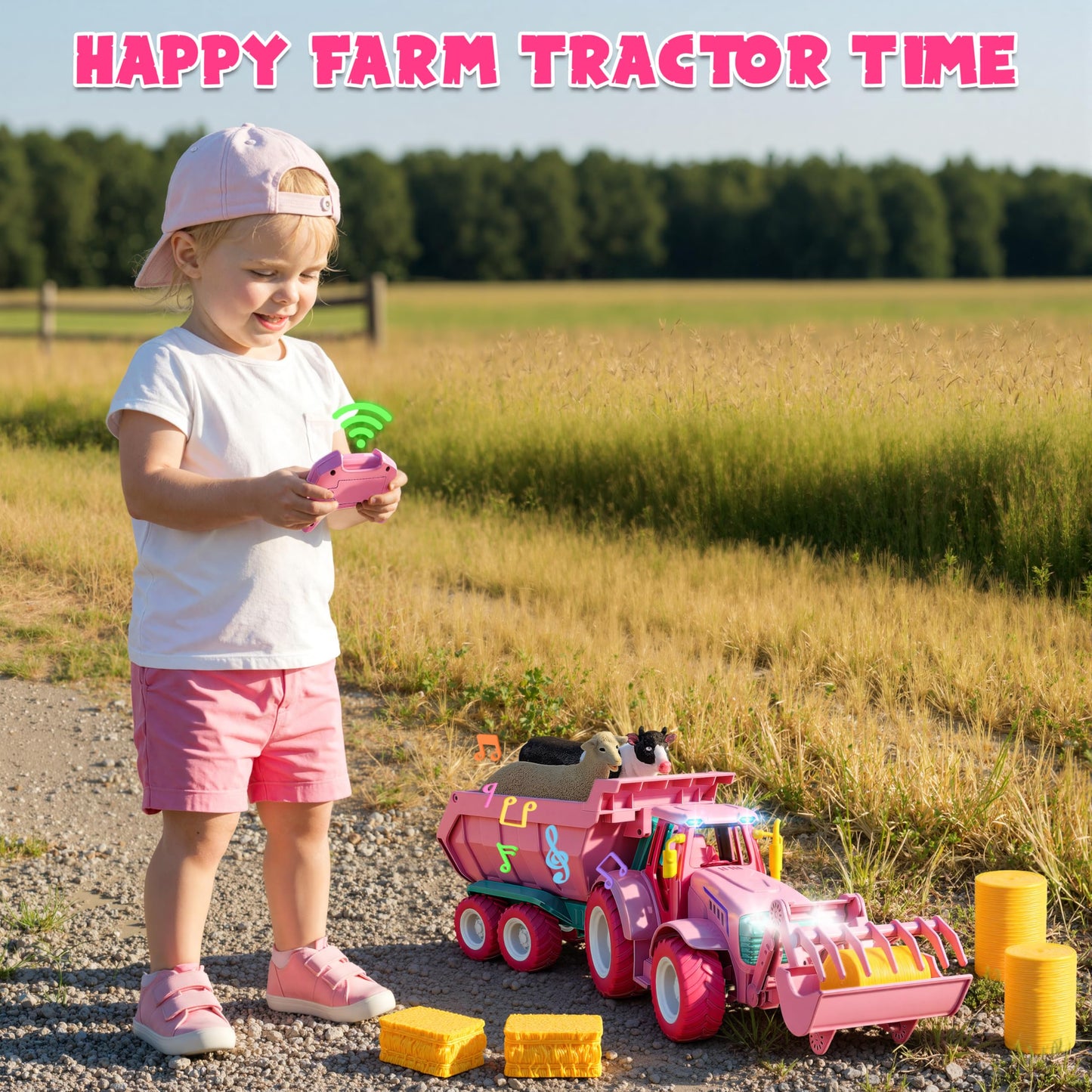 Funwee RC Farm Tractor Toy w/Light & Music, Kids Trailer Toy w/Front Loader & Farm Animal, 2.4GHz RC Tractor Truck Car for Boys & Girls, Toddler Vehicle Playset Age 3-8+ Year Old Gifts (Pink)