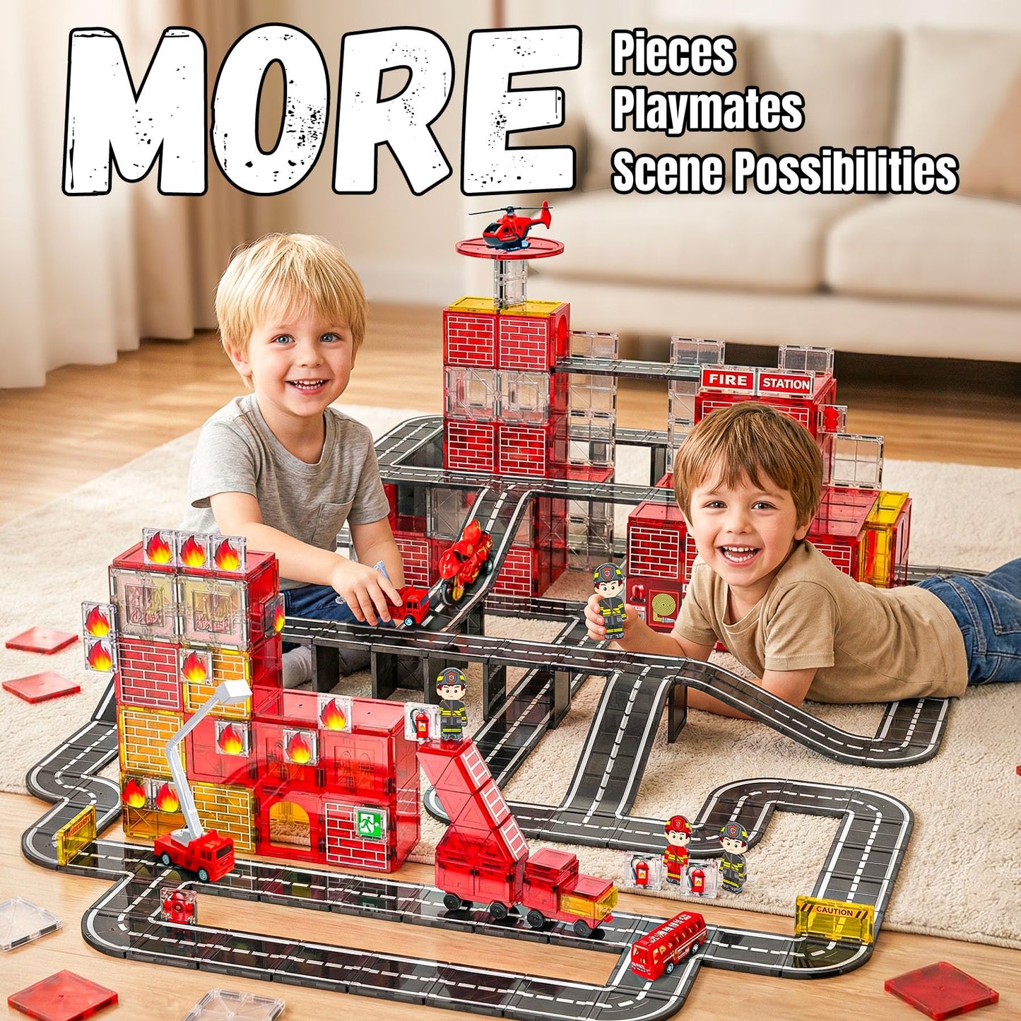 141PCS Magnetic Tiles for kids, Fire Rescue Theme Magnet Tiles with Fire Station & Fire Rescue Vehicles, STEM Magnetic Tiles for Kids Ages 4-8, Preschool Educational Building Toys for Boys & Girls