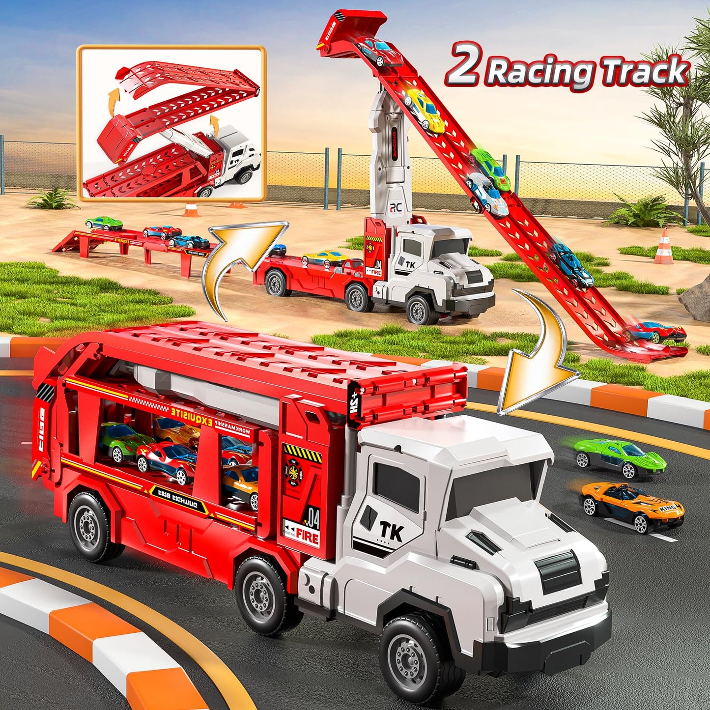 Novaluki Truck Toys for Kids, Transport Vehicle with 12 Die-Cast Car, Double Race Car Track Cars Ramp Toy, Carrier Truck for Toddler 3-5, Christmas Birthday Gift for 3 4 5 6 7 8 Years Old Boys Girls