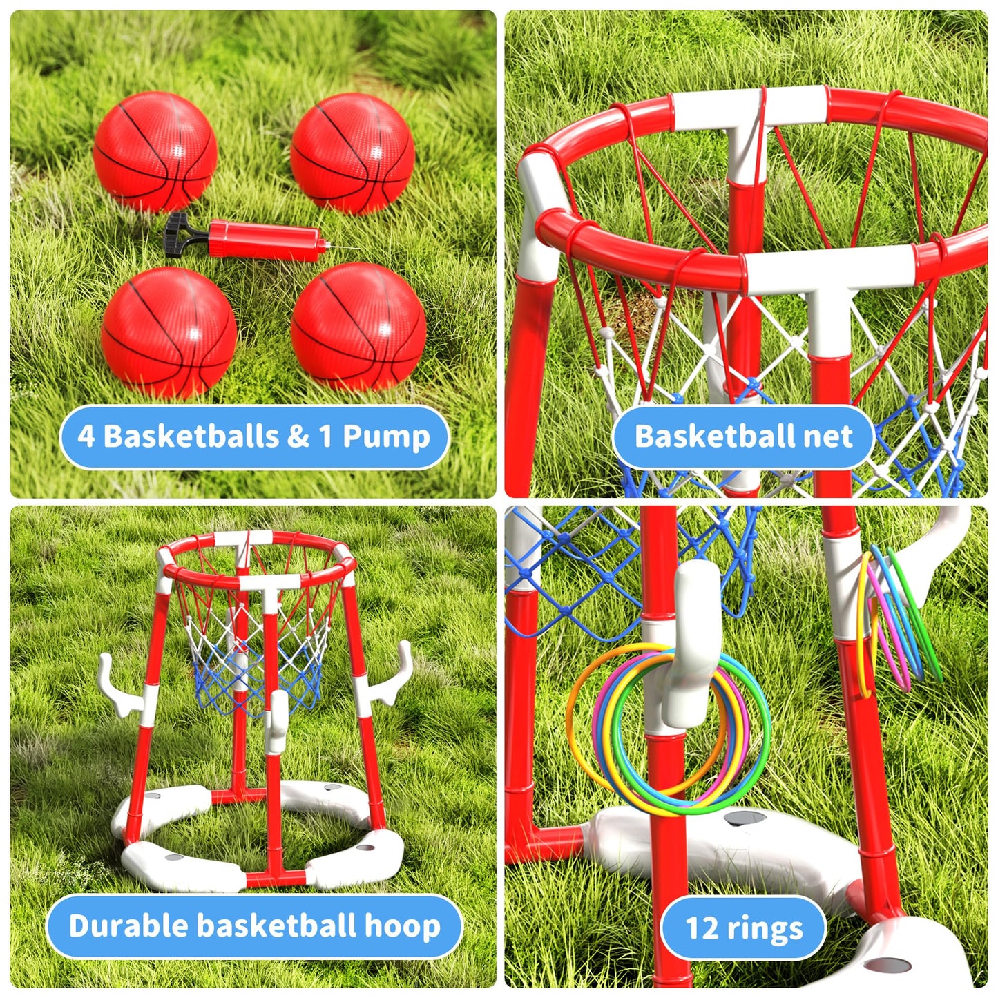 AIBEIQITOY Pool Basketball Hoop for Kids 4-8 8-12, 2 in1 Floating Basketball Hoop Set with 4 Balls,12 Rings&Pump, Swimming Pool Basketball Water Toys for Summer Outdoor Family Party Game Toys