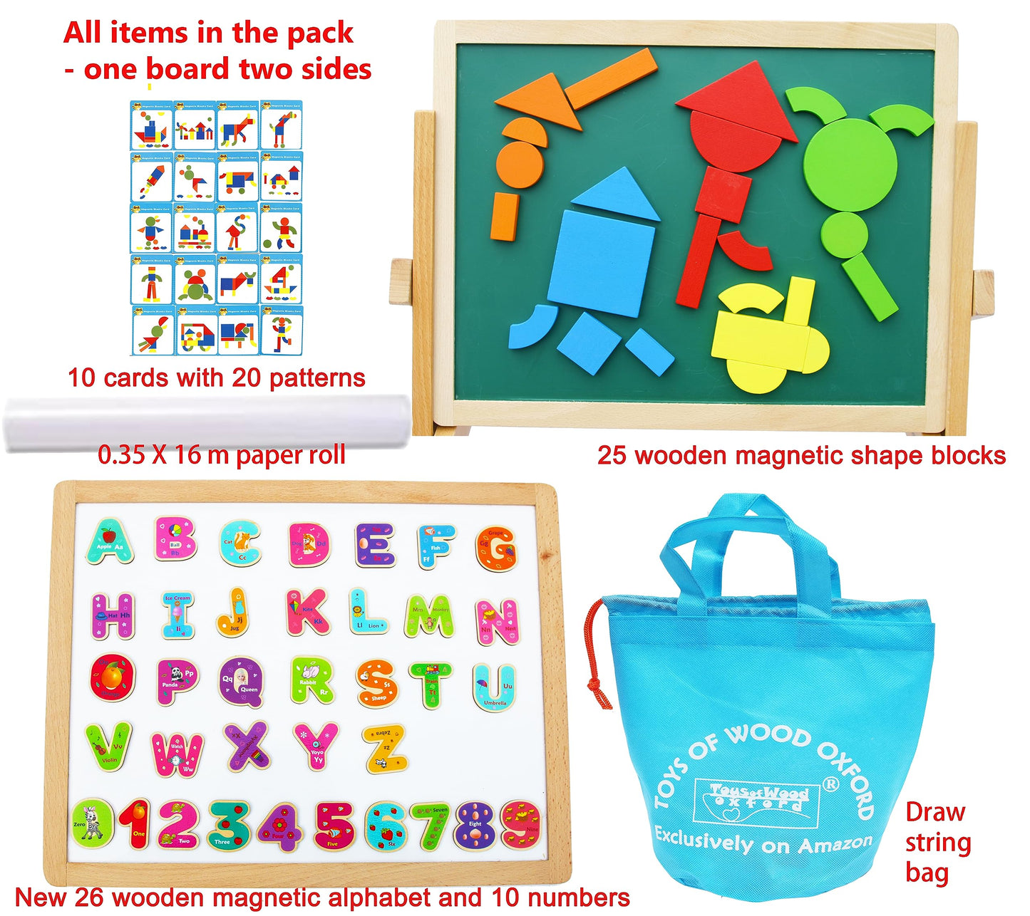 Toys of Wood Oxford TOWO Wooden Easel for Children Foldable Double Boards Magnetic Shapes Letters Numbers and Paper roll Kids Art Easel -Table Top Magnetic Board for Kids