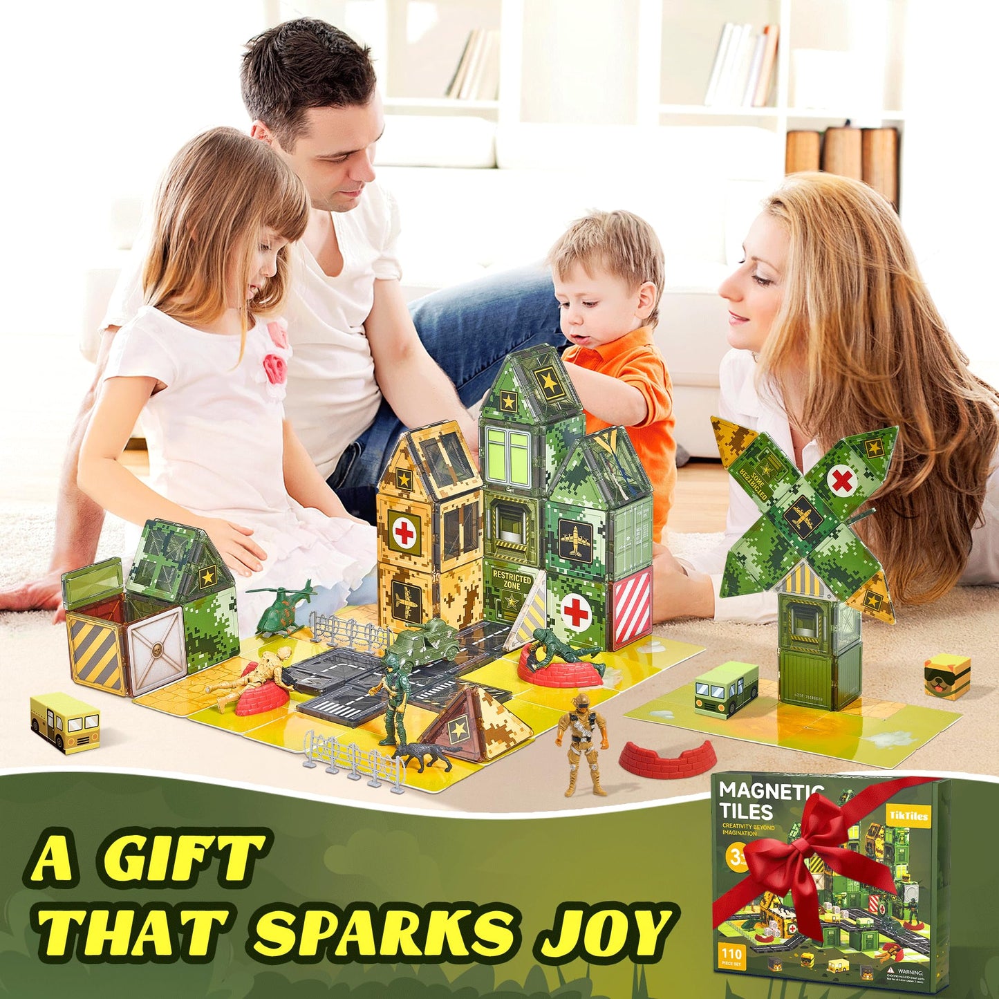 Magnetic Tiles Road Building Toys Set with Magnetic Blocks and Army Toys Accessories, Military Magnetic Blocks for Kids Ages 3-5 4-8, STEM Educational Sensory Magnet Toys Birthday Gifts for Boys Girls