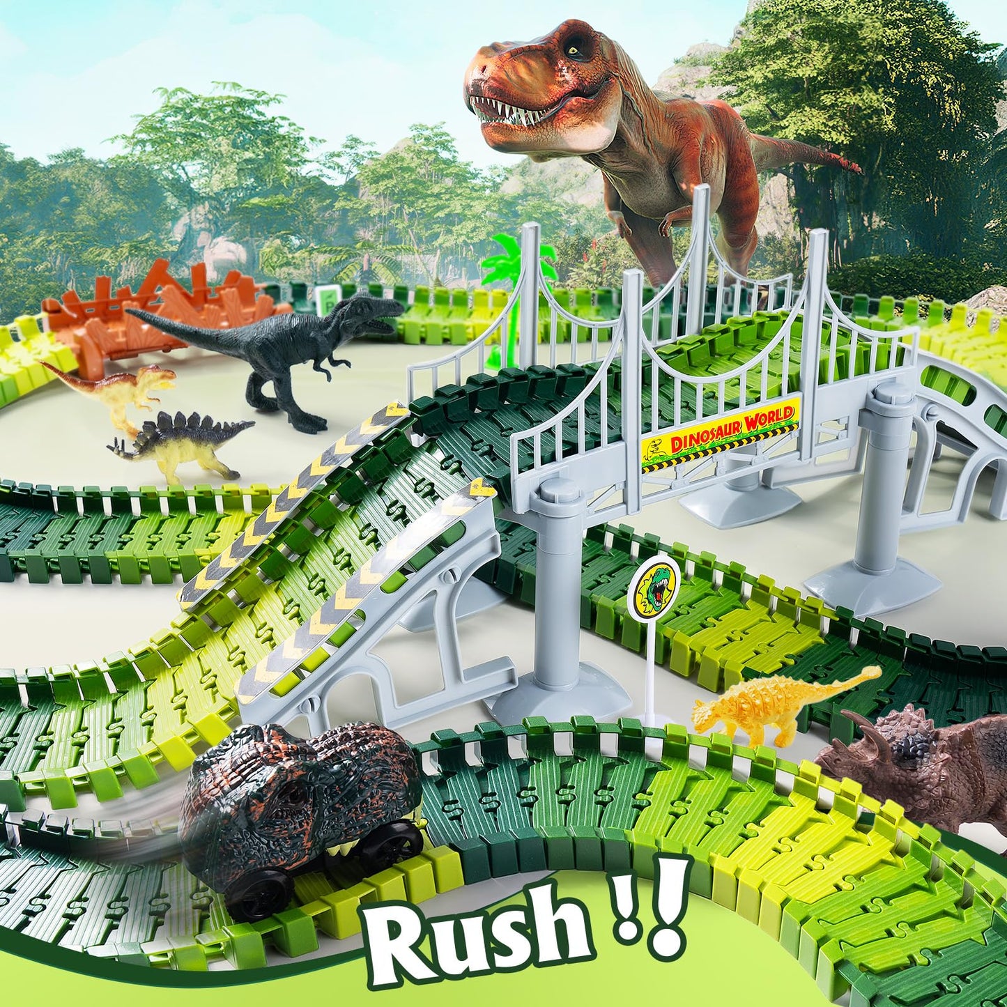268 PCS Race Tracks Dinosaur Toys for Kids 3-5, Glow in The Dark Magic Toy Set, 2 Dinosaur Cars Track, Flexible DIY Track Set, Birthday Gift for Age 3-9 Boys Toddler Girls