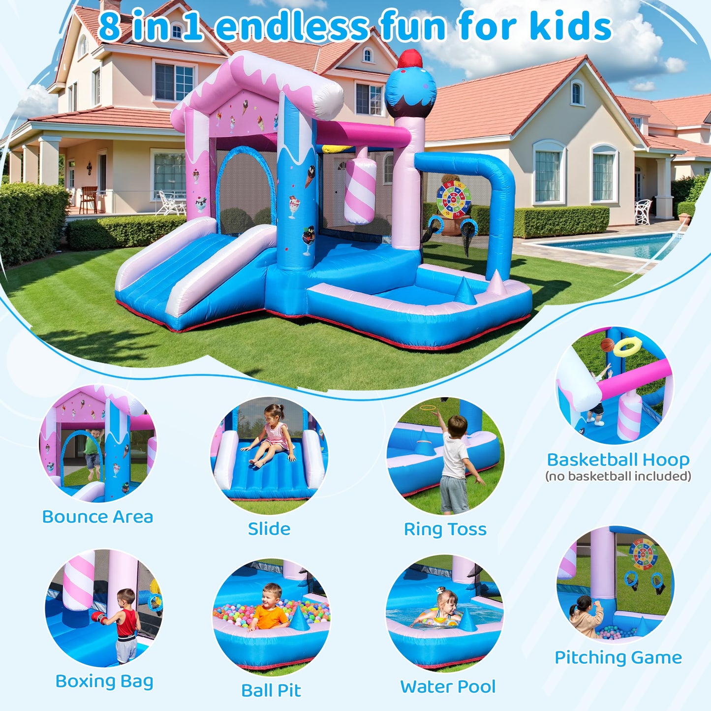 TOAOB Inflatable Bounce House - 8-in-1 Bouncer House for Kids Ages 3-6, Indoor & Outdoor Bouncy Jumping Castle Slide with Blower for Backyard Birthday Party