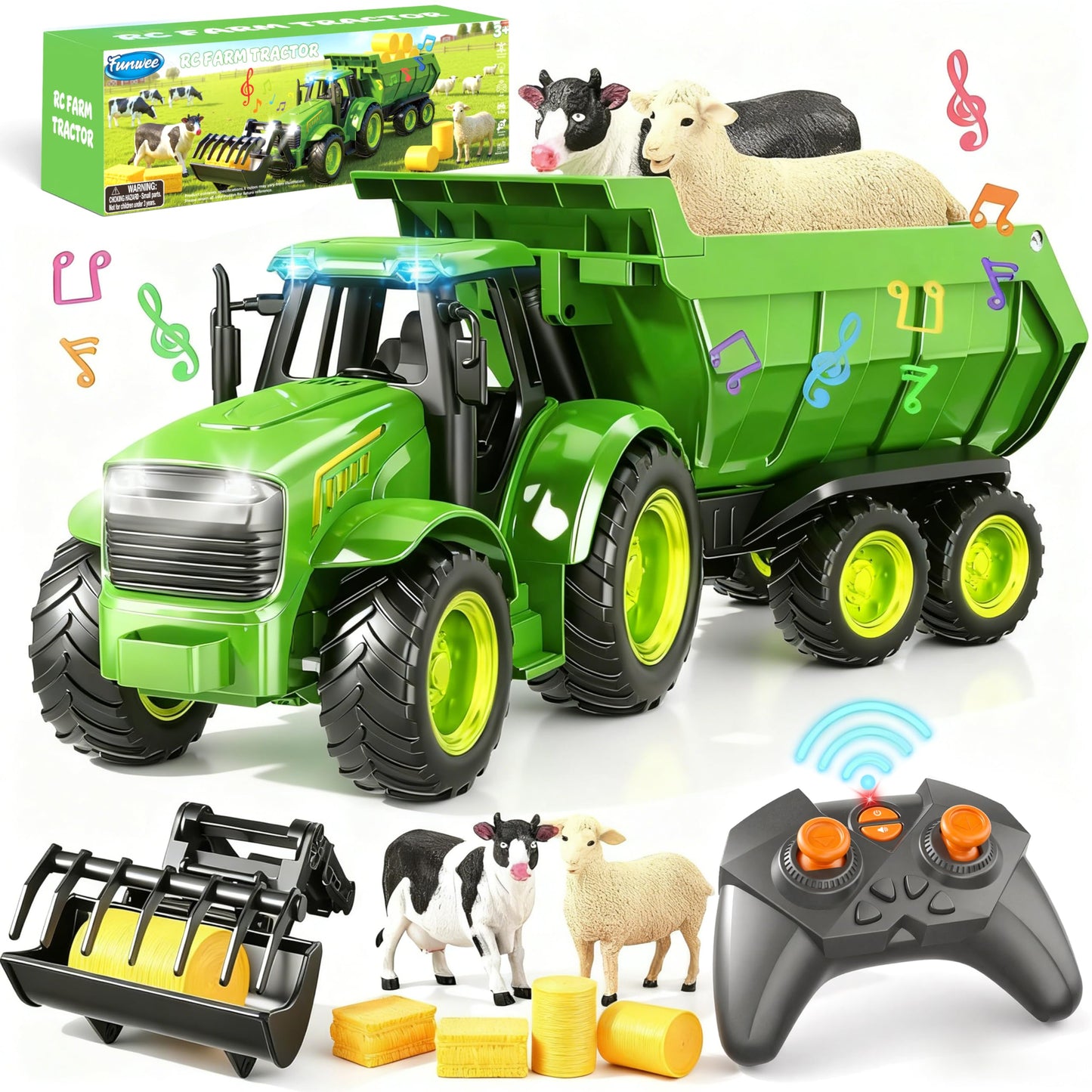 Funwee RC Farm Tractor Toy w/Light & Music, Kids Trailer Toy w/Front Loader & Farm Animal, 2.4GHz RC Tractor Truck Car for Boys & Girls, Toddler Vehicle Playset Age 3-8+ Year Old Gifts (Green)