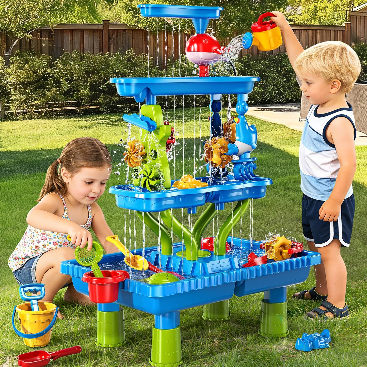 Sand Water Table, 4-Tier Rectangular Sand and Water Table for Toddlers 1.5+, Outdoor Splash and Play Activity Set for Boys and Girls Ages 2 3 4 5 6 7 8 Years, Indoor Outdoor Water Play Sensory Toys