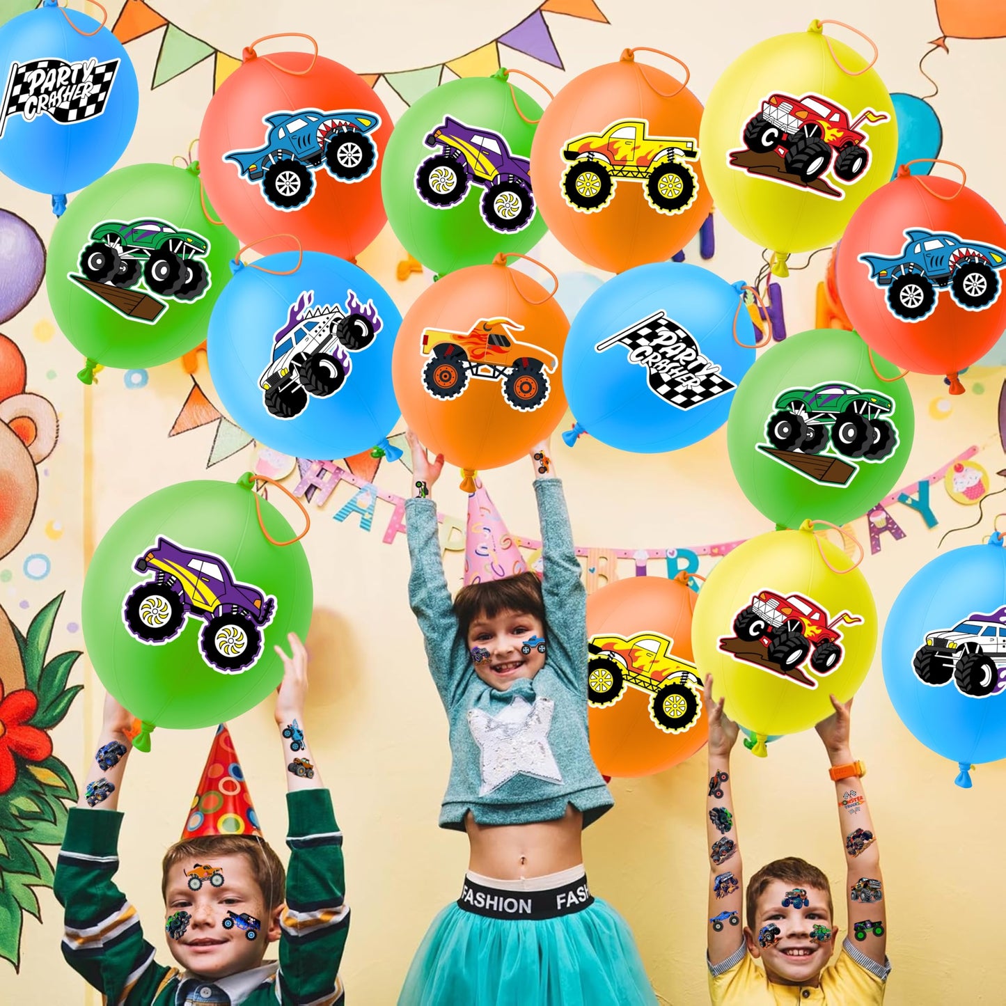 ThuanXuanLoc 72 PCS Monster Truck Party Favors - 48 PCS Temporary Tattoos & 24 PCS Punch Balloons Combo - Birthday Gifts & Goodie Bag Fillers