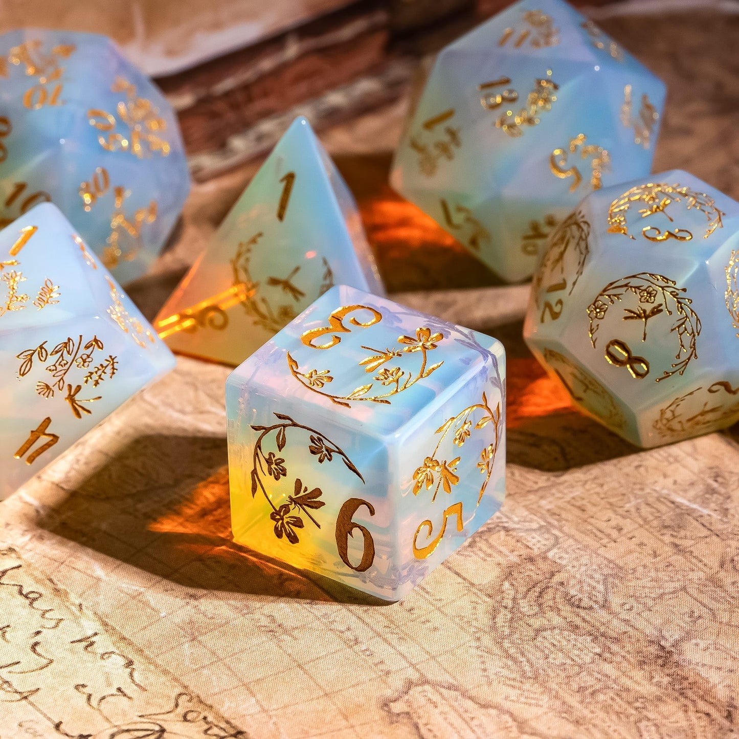 UDIXI Opal Stone DND Dice Set, 7PCS Gemstone Dice Set D&D with Gift Case for Role Playing Games and Tabletop Games (Dragonfly and Flower)