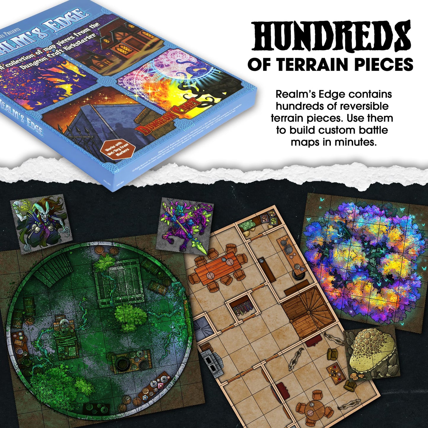 DUNGEON CRAFT Realm's Edge Book by 1985 Games - Immersive Dungeon Game with Dry Erase Maps for Endless Adventures - Water Resistant Game with Loose Leaf Inside a Custom Box & DND Map