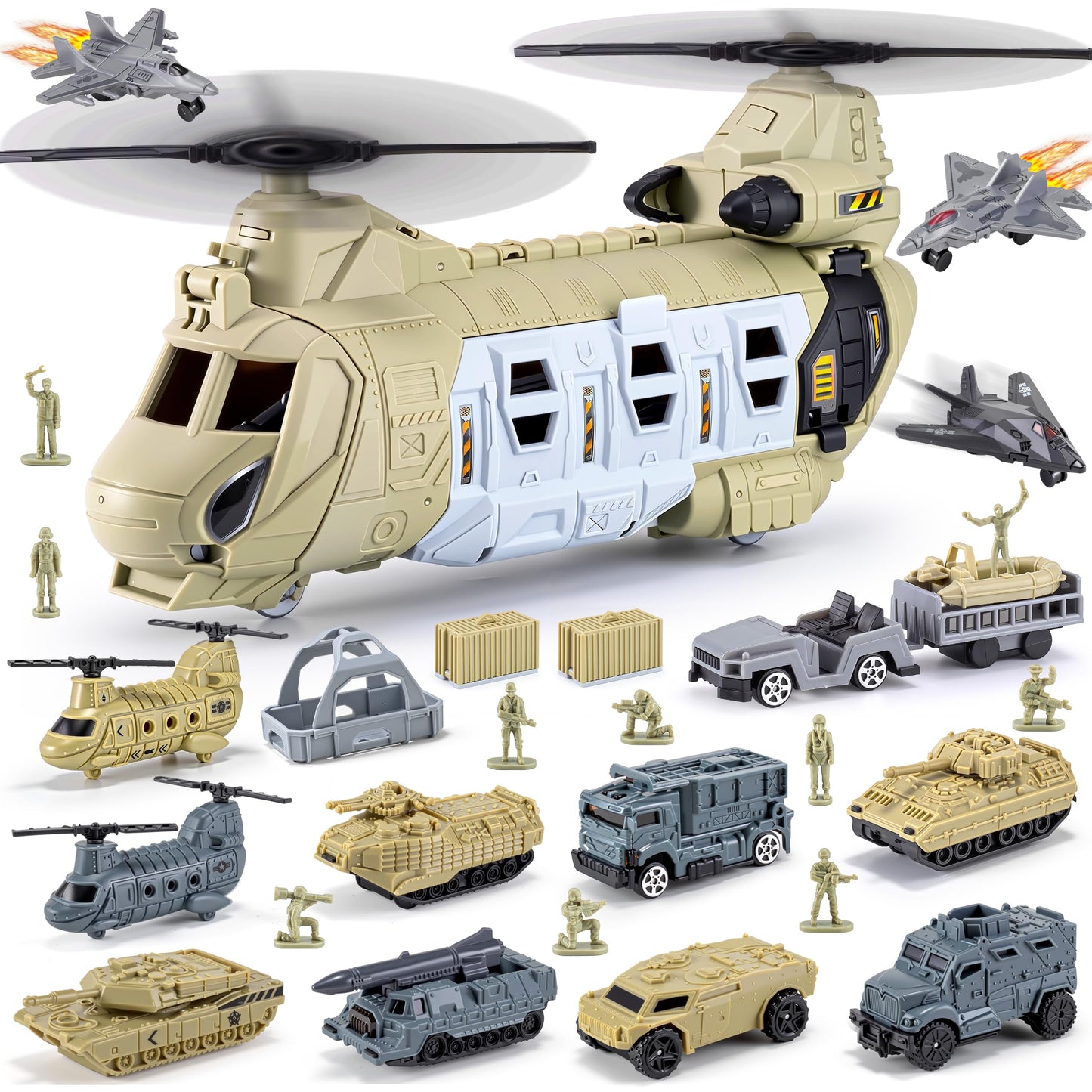 XDUOYJOY Military Helicopter Toys Set, Army Airplane Toys with Vehicles, Trucks, Tanks, Fighter Jets, Plane, Aircraft, Army Men - Christmas Birthday Party Gifts for Kids