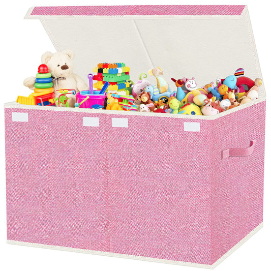 VERONLY Large Collapsible Toy Storage Box with Lid & Handles - Kids Organizer Chest for Toys, Clothes, Blankets (Pink, Nursery, Playroom, Bedroom)-24.5''×13''×16''