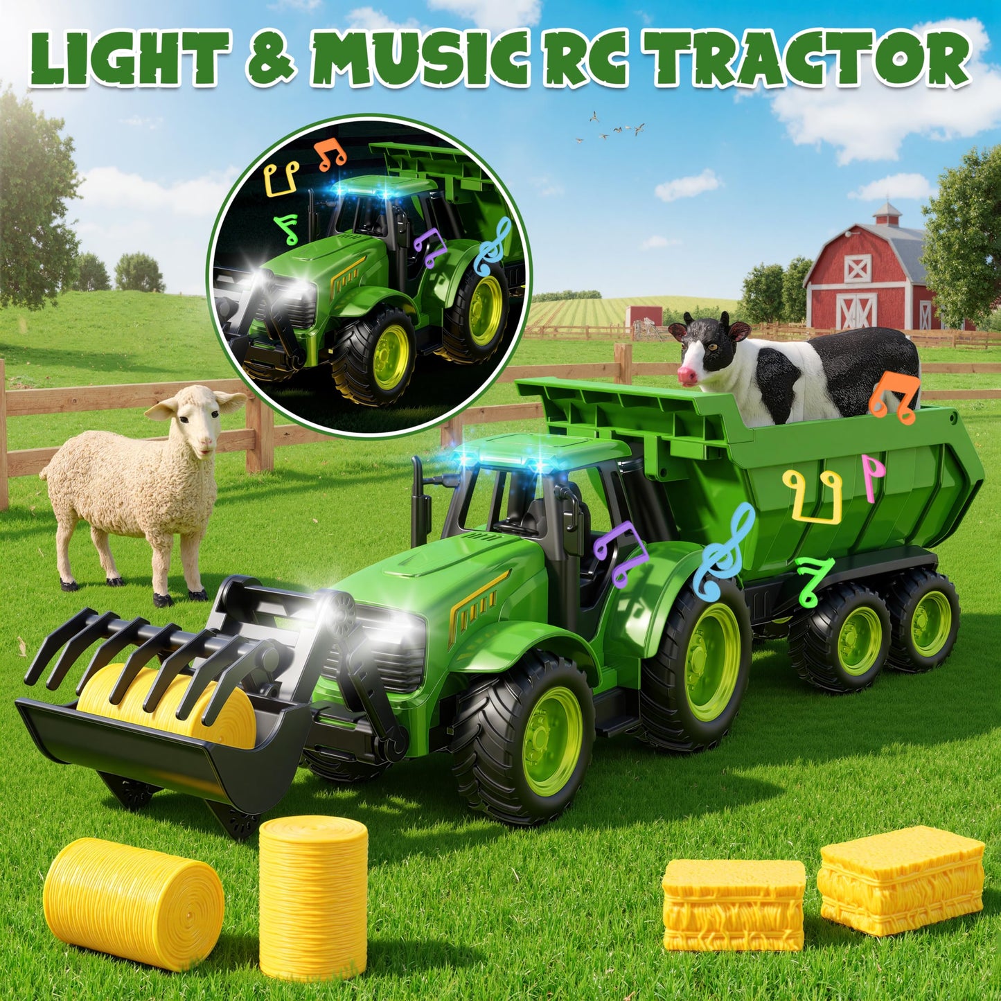 Funwee RC Farm Tractor Toy w/Light & Music, Kids Trailer Toy w/Front Loader & Farm Animal, 2.4GHz RC Tractor Truck Car for Boys & Girls, Toddler Vehicle Playset Age 3-8+ Year Old Gifts (Green)