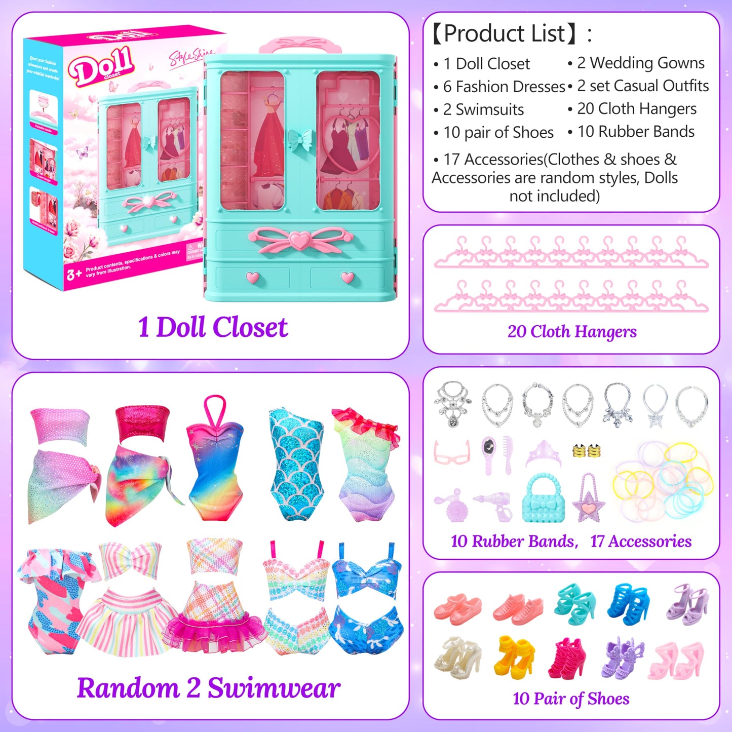 Style Shine 70 Pcs Doll Closet with Clothes & Accessories Including 2 Wedding Gowns 6 Fashion Dresses 2 Casual Outfits 2 Swimsuit 10 Shoes 20 Hangers 27 Accessories,Dress up Toys for Girls Kids Gifts