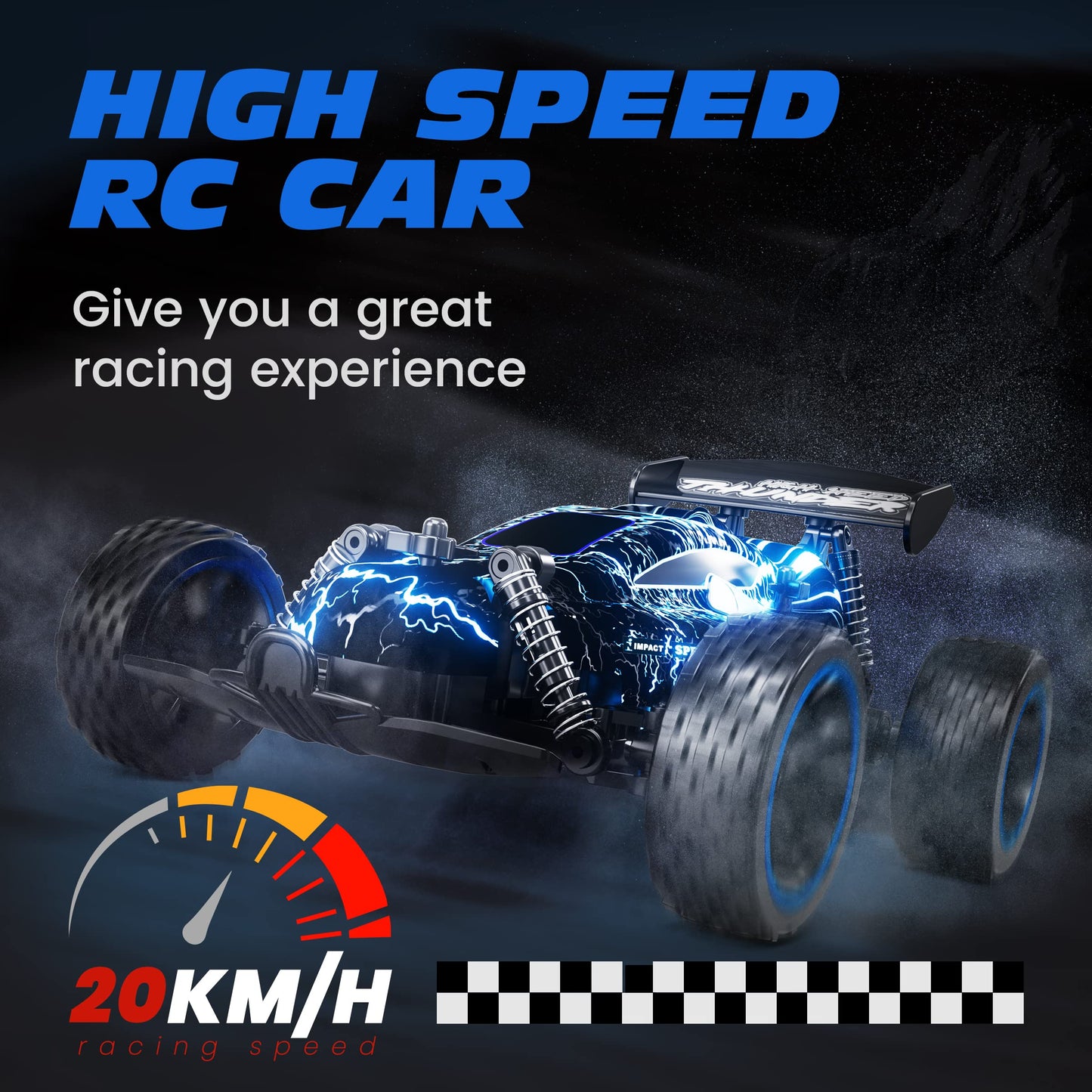 Tecnock RC Cars for Kids, 1:18 Scale 2WD RC Car with LED Lights, 2.4GHz Remote Control Car with USB-C Easy Charging & 50 Mins Playtime, Toys Gifts for Boys & Girls Ages 8-12