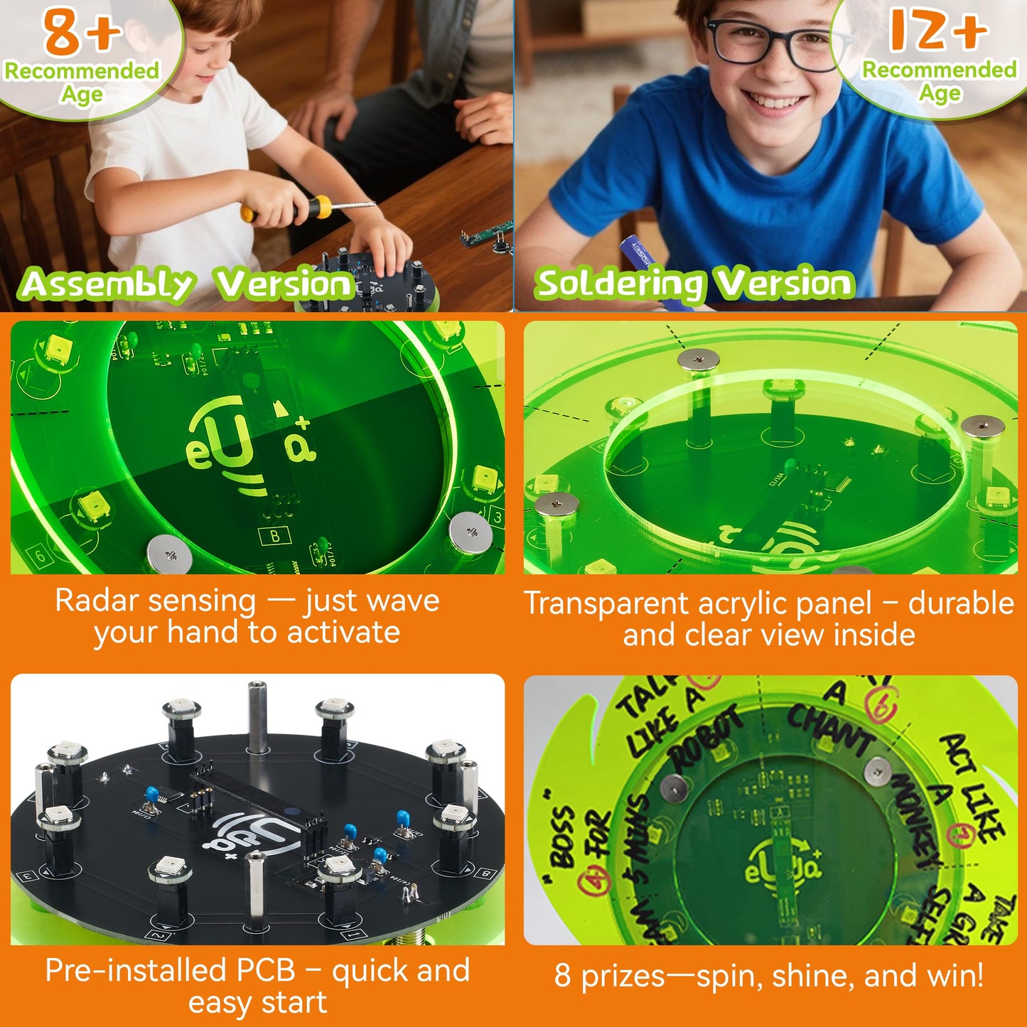 eUda+ STEM Electronic Lucky Wheel for 8-12 12-17 Stem Toys for Ages 8-13 Stem Games for Kids Ages 10-14 Build Toys for Teenage Boys 14-16 Unique Birthday Gifts Prize Wheel (Assembly Version, FWPC)