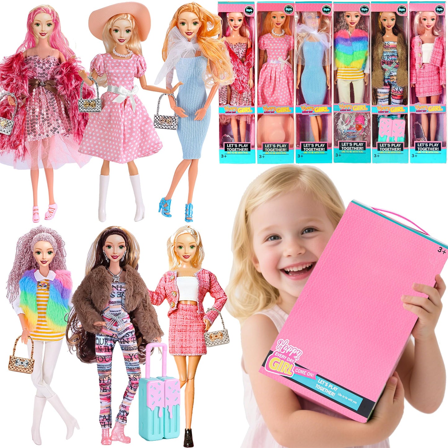 iBayda 6 Pack Fashion 11.5 inch American Toy Prinecess Dolls Playset with Outfits Dress Design and Accessories Like Handbag Hat Crown Necklace Suitcase (Gift Box Package)