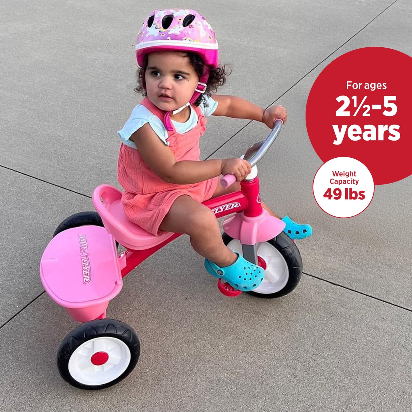 Radio Flyer Pink Rider Trike, for Ages 2.5-5, Adjustable Seat, Steel Construction, Quiet Ride Wheels, Covered Storage Bin, Comfort Grip Handlebars, Easy Carry Seat Handle, Tricycle for Toddlers