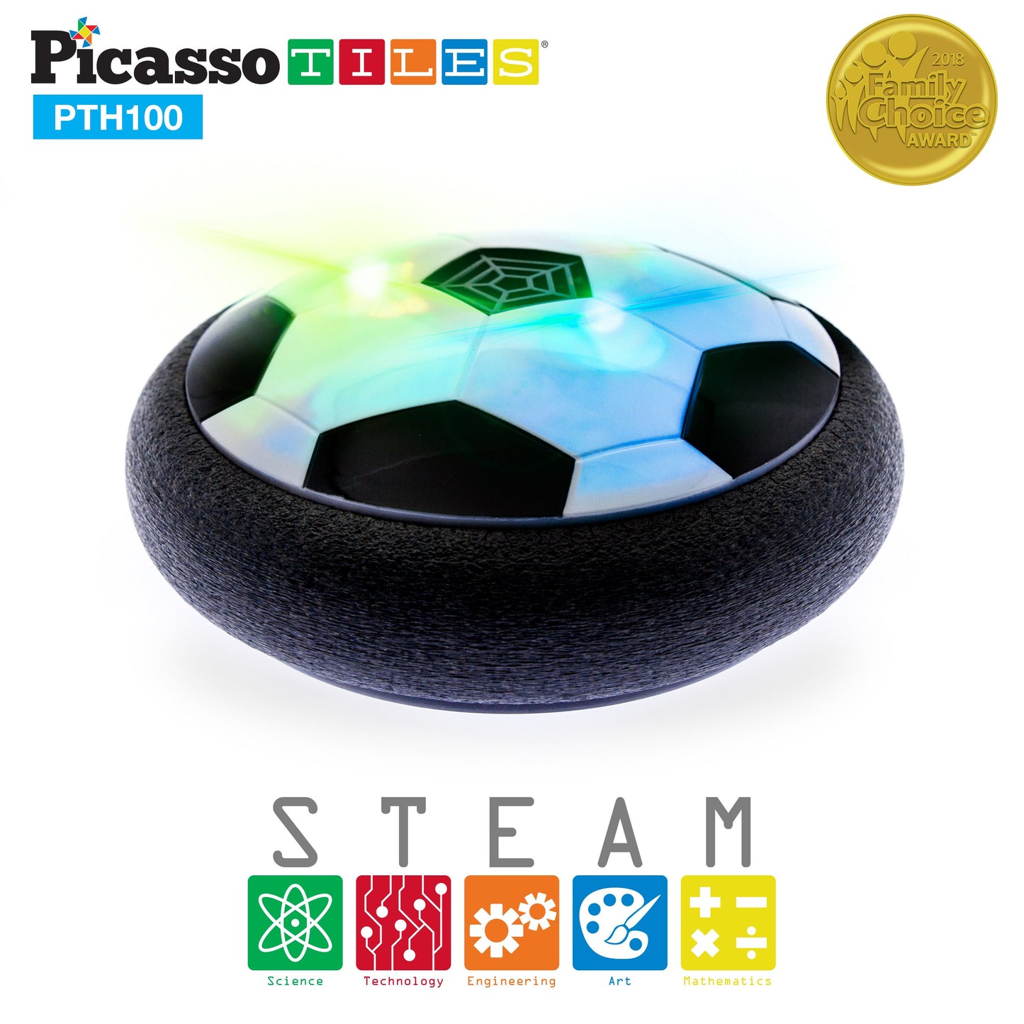 PicassoTiles Hoverball Air Hockey Soccer Floating Disc with LED Light Airlift Power Soft Bumper Indoor Gliding Toy Battery Operated Movement Training Game for Physical Activity Kids Age 3 Plus PTH100