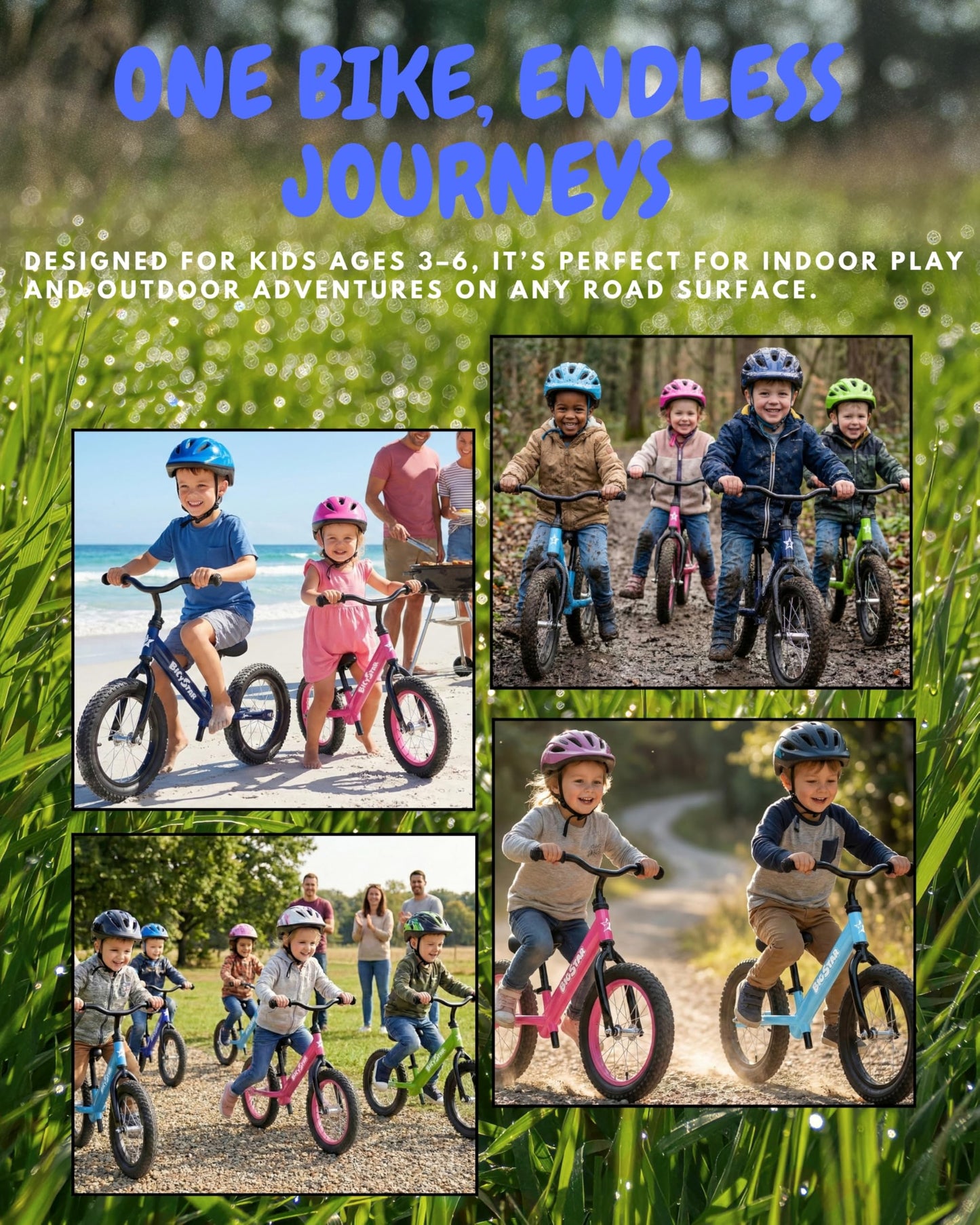 Bicystar 14 Inch Balance Bike for Kids 3-6 Year Old, No Pedals, Air Rubber Tires, Adjustable Height, Pedalless Bicycle for Boys, Girls, Dark Blue