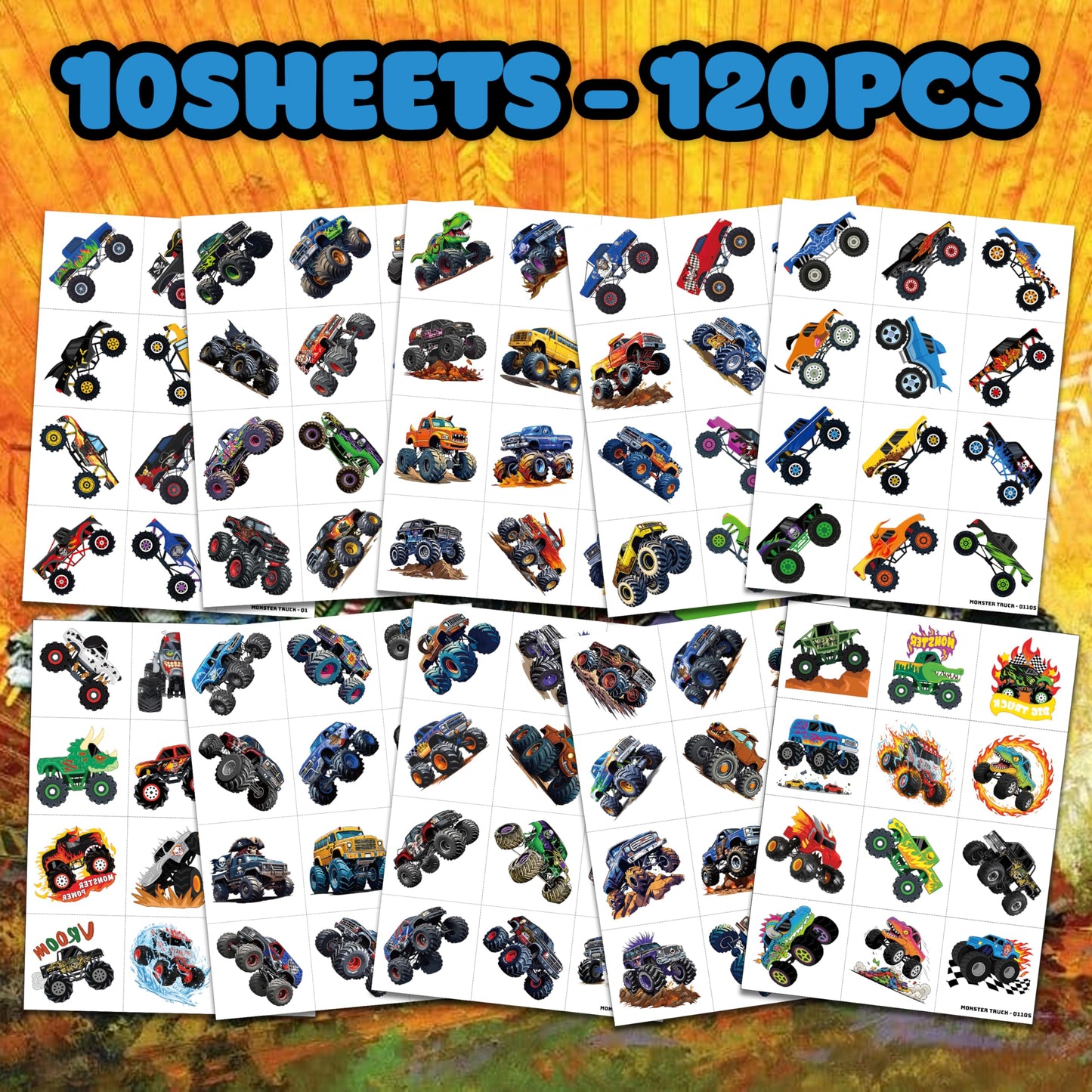 120 PCS Monster Truck Race Car Pre-Cut Temporary Tattoos for Kids | Super Cute Themed Birthday Party Favors, Supplies, Decorations, Fake Tattoo Stickers, Rewards & Gifts for Boys Girls