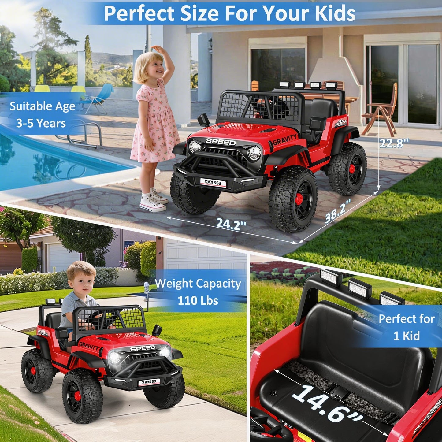 Hikole 24V Ride on Car with Remote Control, Power Car Wheels for Kids, Music Player, Shock Absorption, LED Lights, 3 Speeds, Safety Belt, Electric Car for Girls Boys, Red