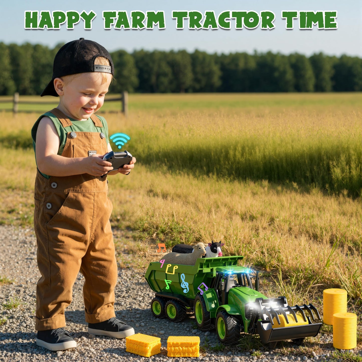 Funwee RC Farm Tractor Toy w/Light & Music, Kids Trailer Toy w/Front Loader & Farm Animal, 2.4GHz RC Tractor Truck Car for Boys & Girls, Toddler Vehicle Playset Age 3-8+ Year Old Gifts (Green)