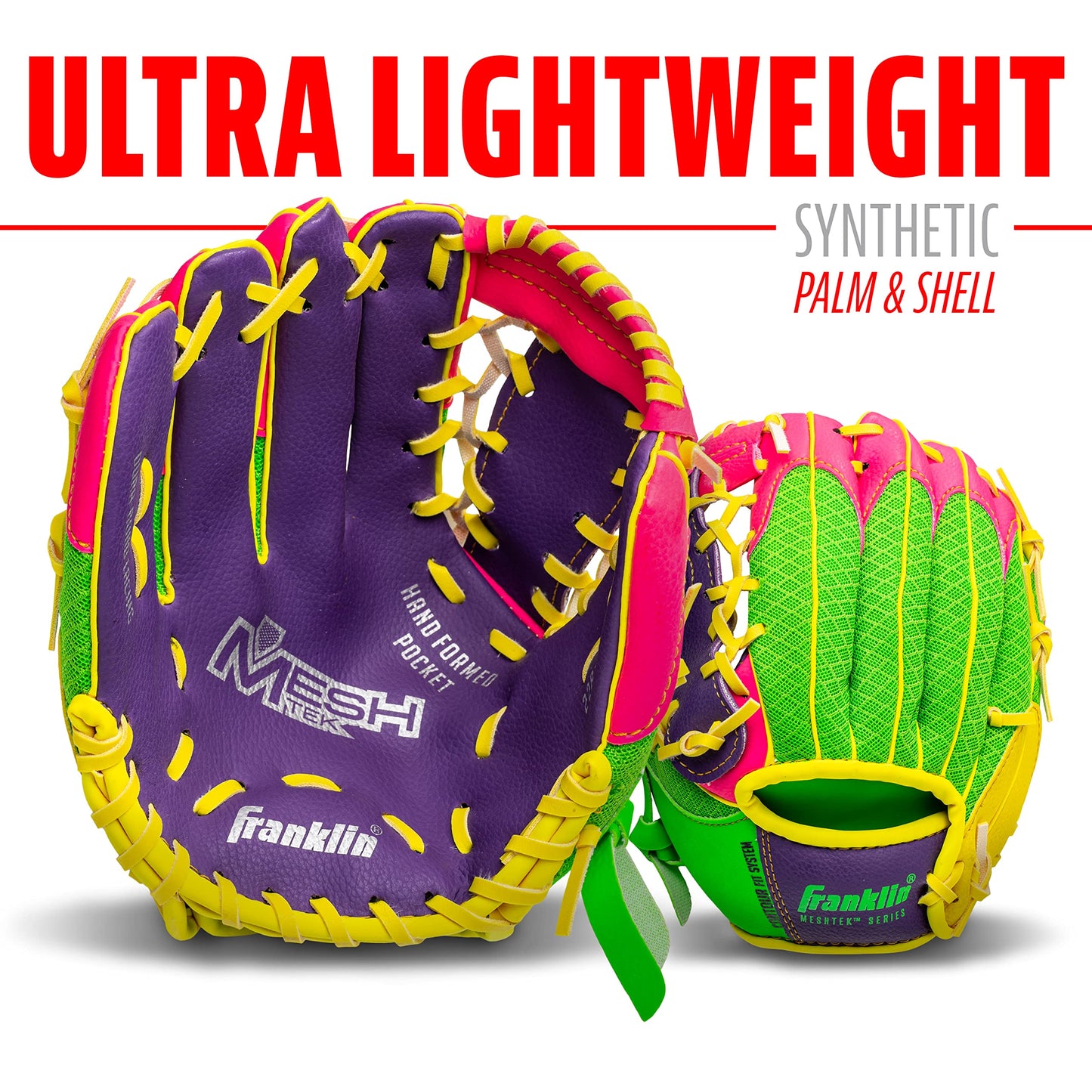Franklin Sports Teeball Recreational Series Fielding Right Hand Glove with Baseball, 9.5-Inch, Purple/Lime/Pink/Yellow