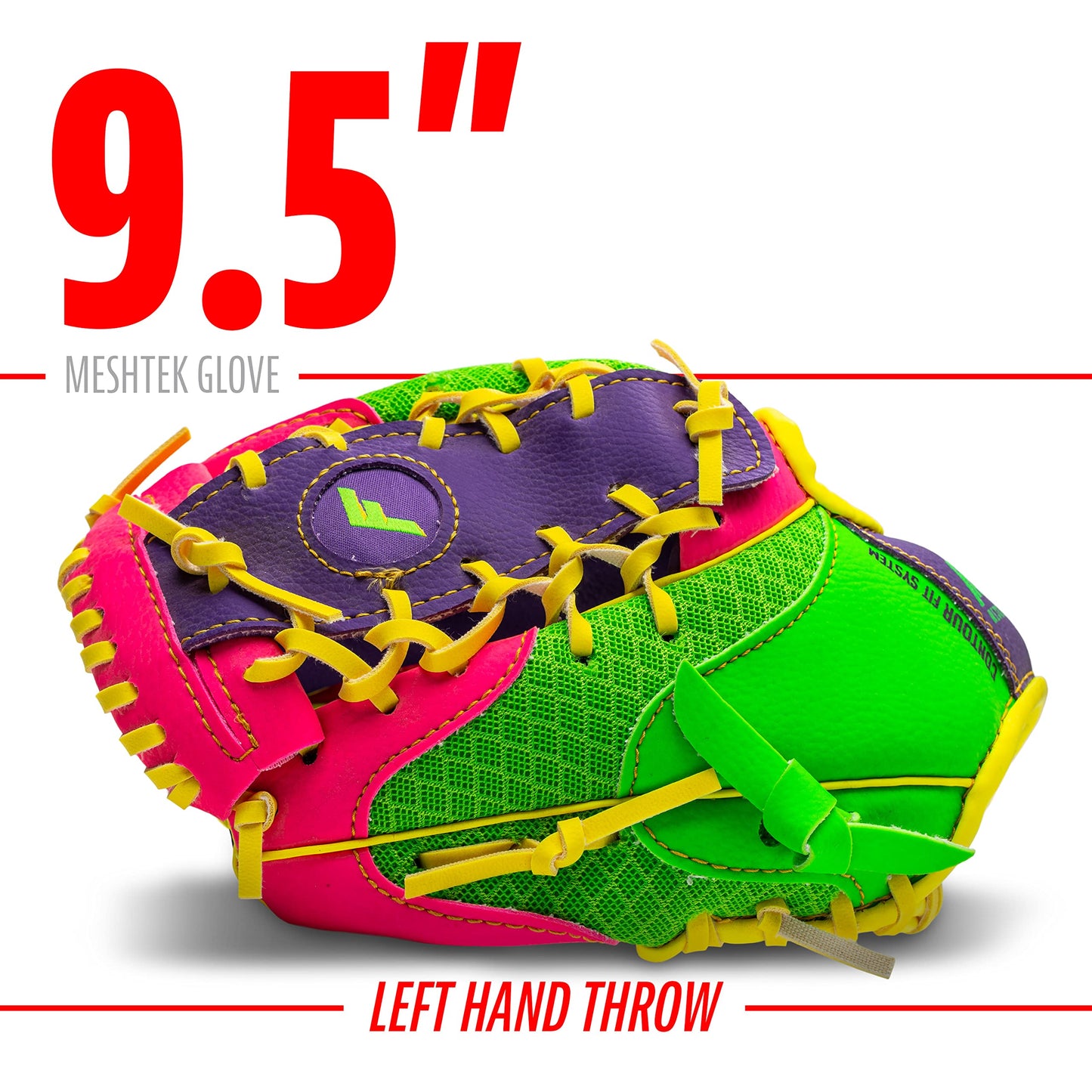 Franklin Sports Teeball Recreational Series Fielding Right Hand Glove with Baseball, 9.5-Inch, Purple/Lime/Pink/Yellow