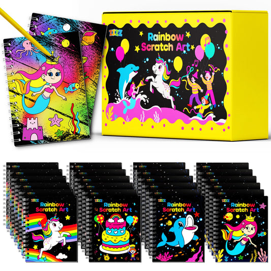 ZIZZ Scratch Art Party Favors for Kids 4-10: 24 Pack Rainbow Scratch Notebooks Gifts Kits - Mess Free Coloring Books Birthday Goodie Bags Stuffers School Classroom Travel Games for Girls Boys Toddler