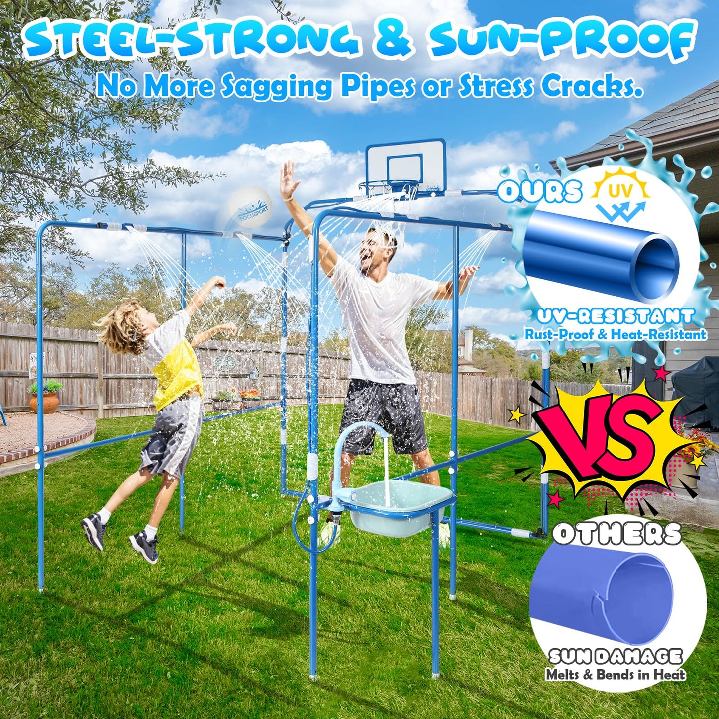 Focusport Backyard Water Park & Basketball Game Set, Heavy-Duty Steel Water Park Sprinkler Toy Game with 2 Basketballs, Water Basin & Faucet, Outdoor Summer Water Fun Play Toys for Kids & Family