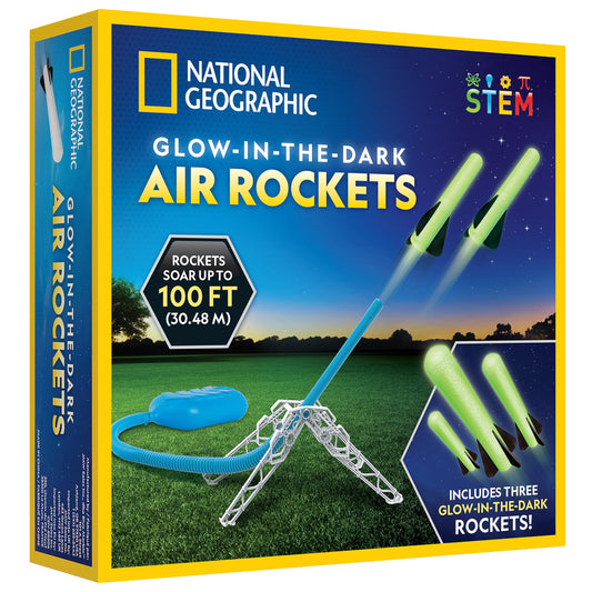 National Geographic Air Rocket Launcher Science Kit – Jump & Launch Glow-in-the-Dark Foam Rockets up to 100 Feet, Outdoor Toys for Kids 8–12, Backyard STEM Activity with Adjustable Launch Base
