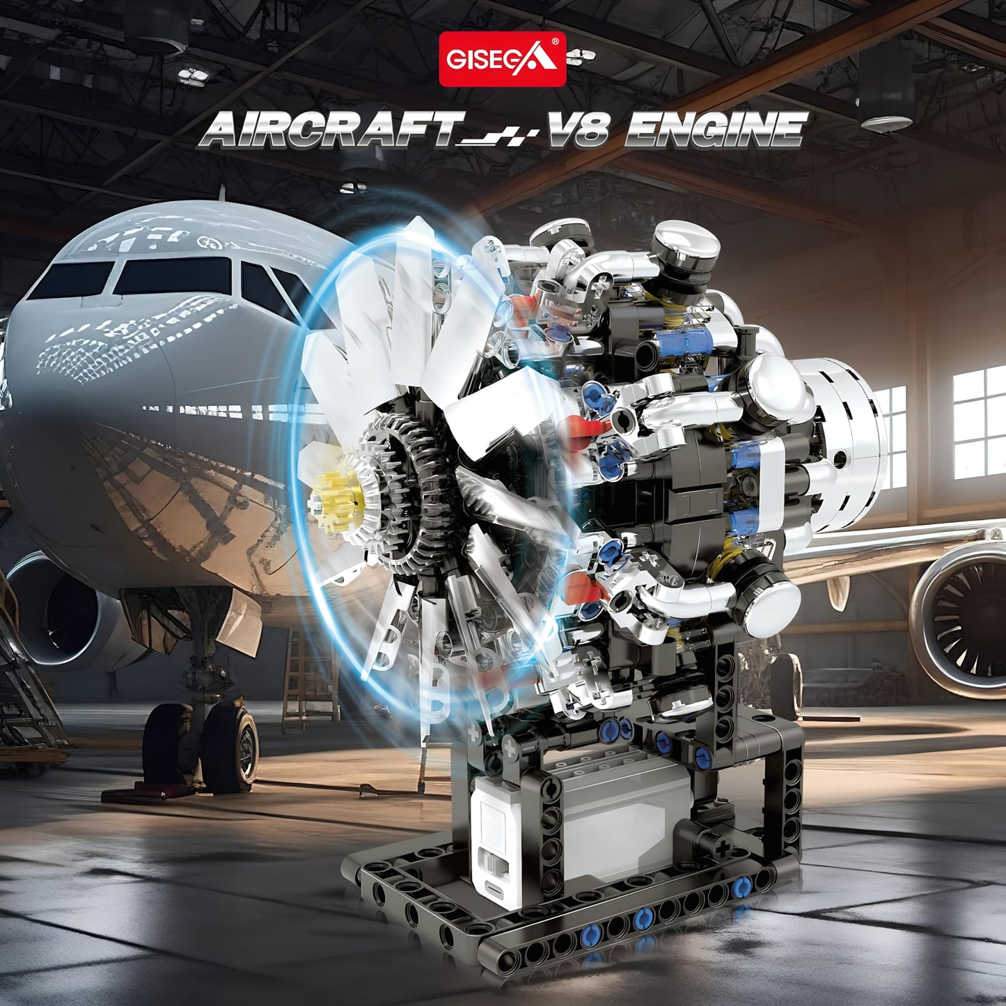 V8 Engine Model Kit That Runs on Electricity - 558-Piece Mini Turbofan Jet Engine Kit with Rechargeable Electric Motor Realistic Continuous Blade Rotation STEM Airplane Toy for Adults & Kids Ages 14+