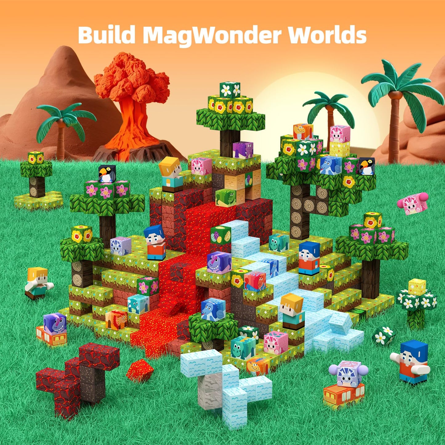 GobiDex Large Size Magnetic Building Blocks Volcano Dinosaur Set for Toddler, 100PCS Sensory STEM Toys for Kids Ages 3-5 5-7 4-8, Birthday Gifts for 3+ Year Old Boys Girls Kids (1 inch)