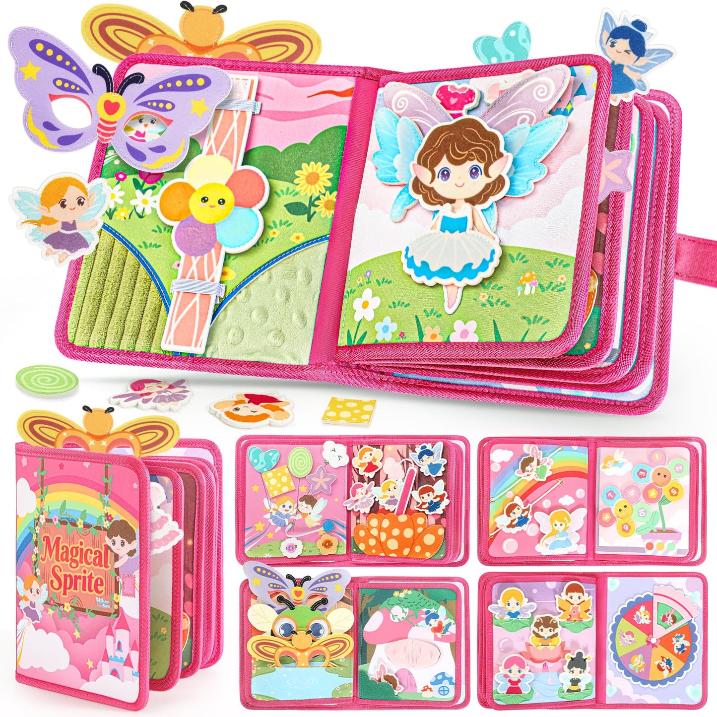22 in 1 Busy Book for Toddlers 1-3, Sprite Montessori Toys for 1 Year Old with Fishing Game, Soft Sensory Toddler Busy Board, Airplane Travel Toys, Birthday Easter Gifts for 1 2 Year Old Girl